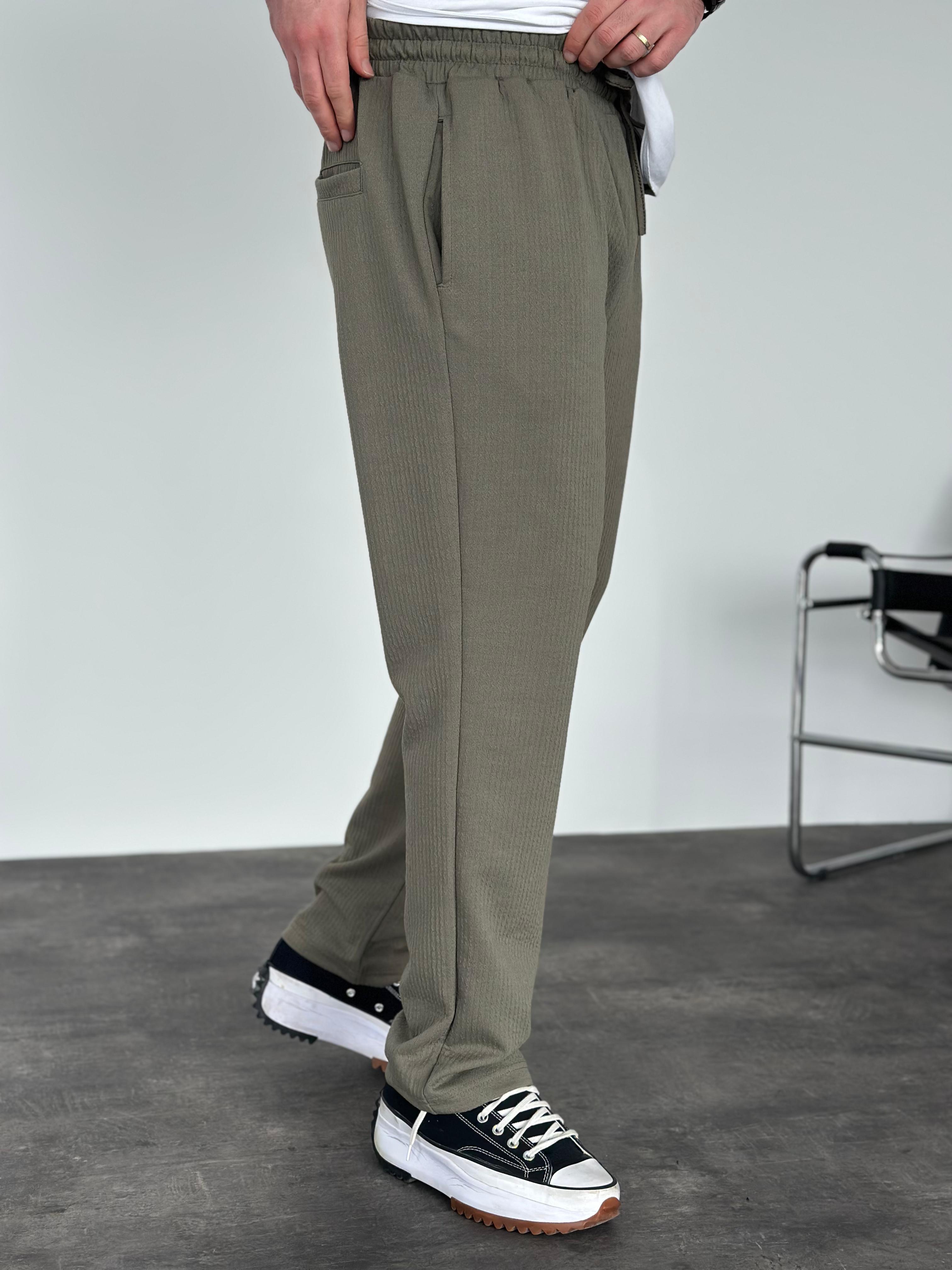 Erkek Baggy Fit Beli Lastikli Çizgili (Fitilli) Pantolon Haki