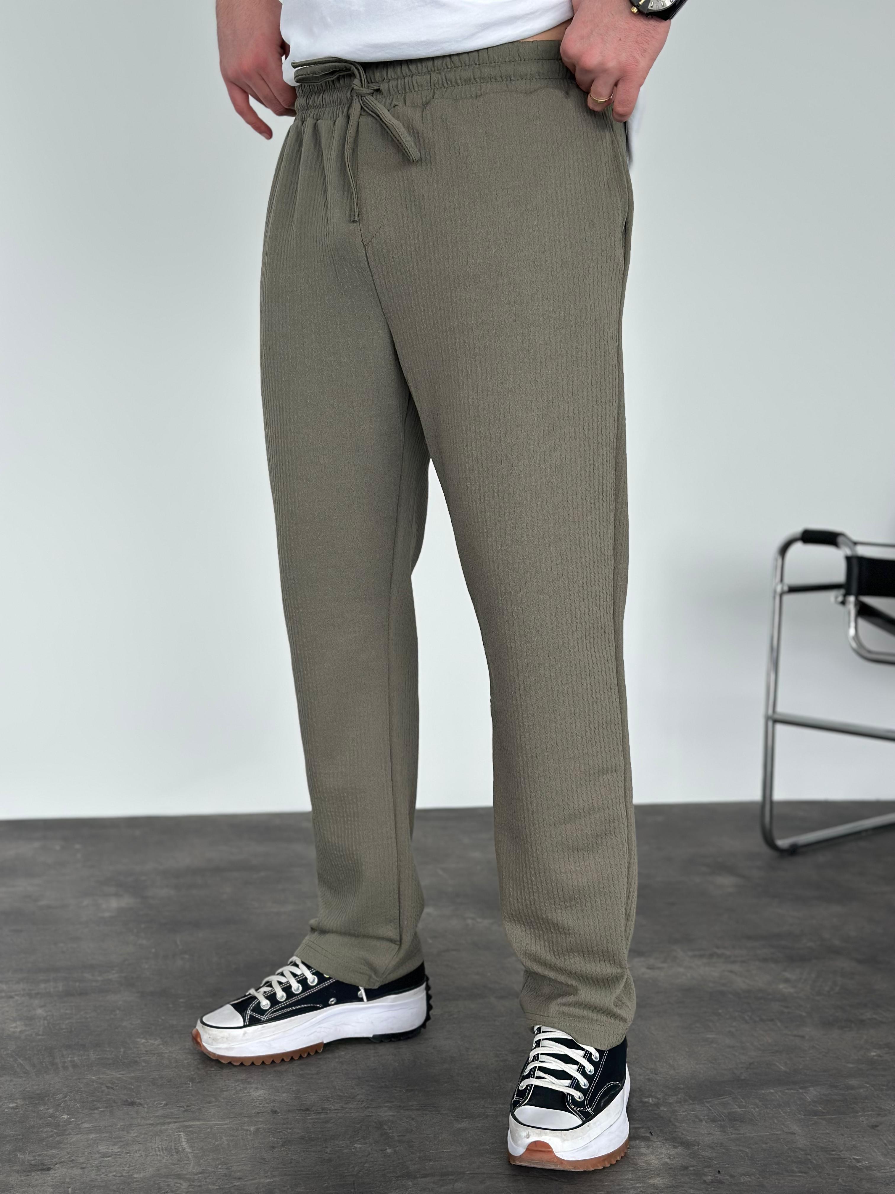 Erkek Baggy Fit Beli Lastikli Çizgili (Fitilli) Pantolon Haki