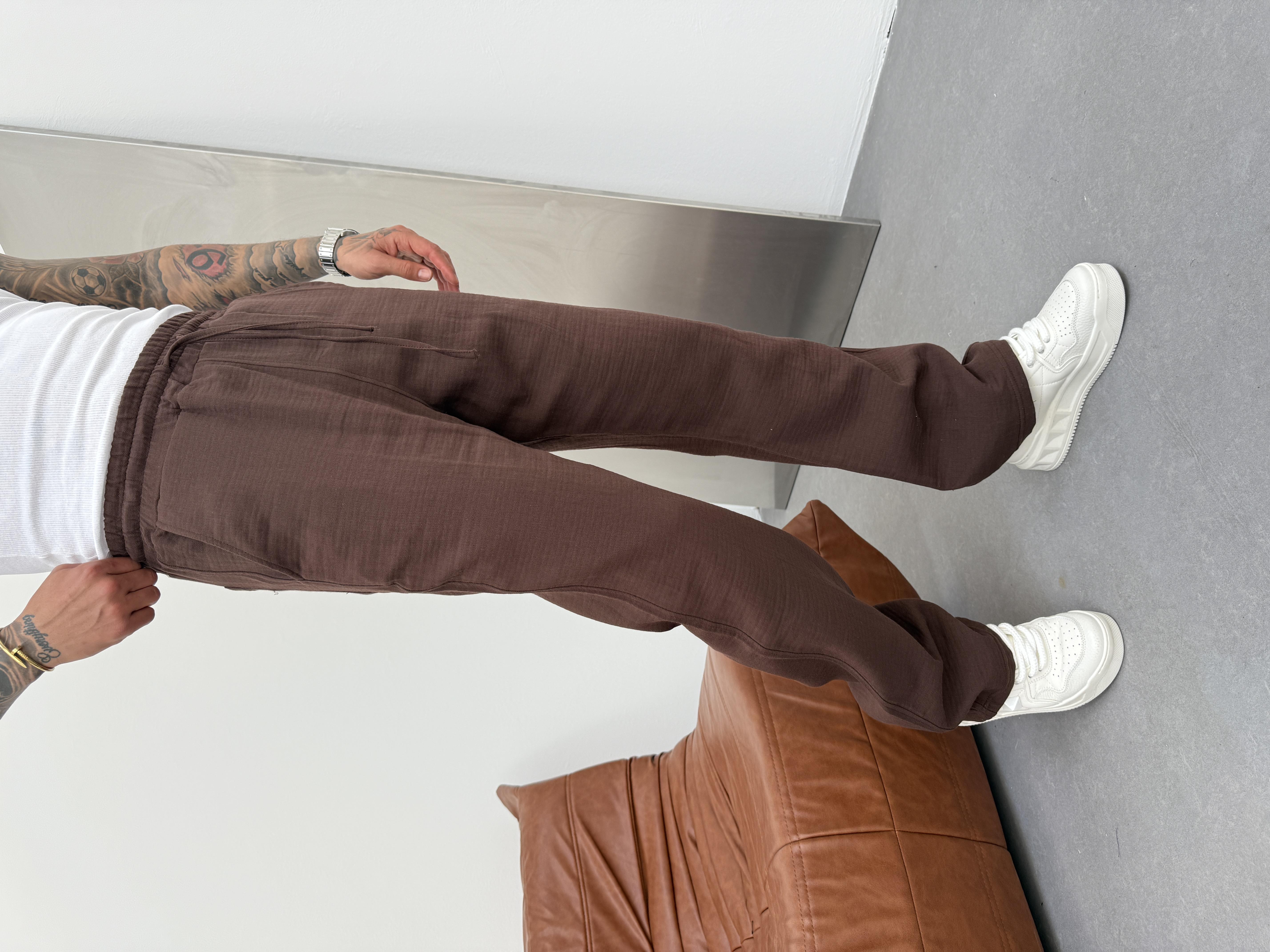 Erkek Müslin Kumaş Baggy Pantolon - Kahve