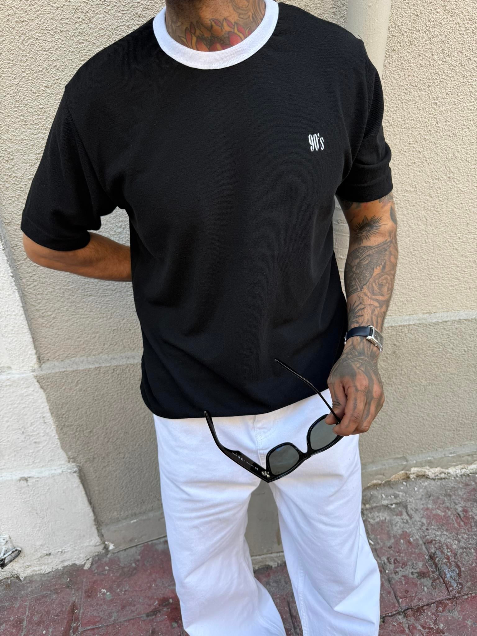 Erkek Oversize Basic 90s T-Shirt - Siyah