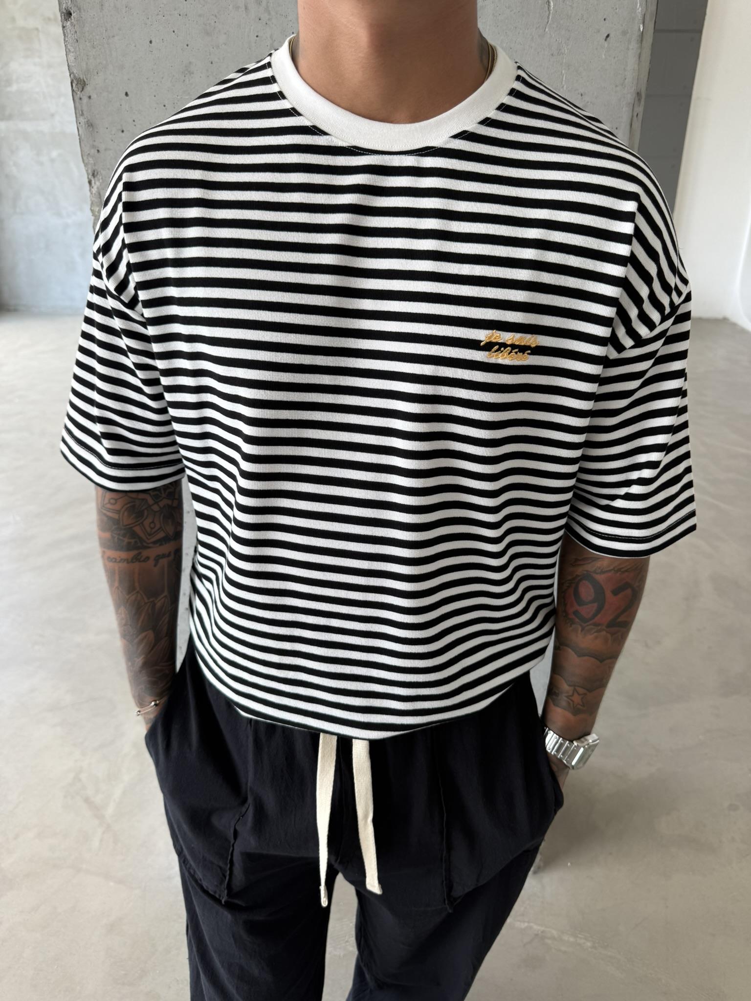 Erkek Oversize Cizgili Rahat T-Shirt - Siyah