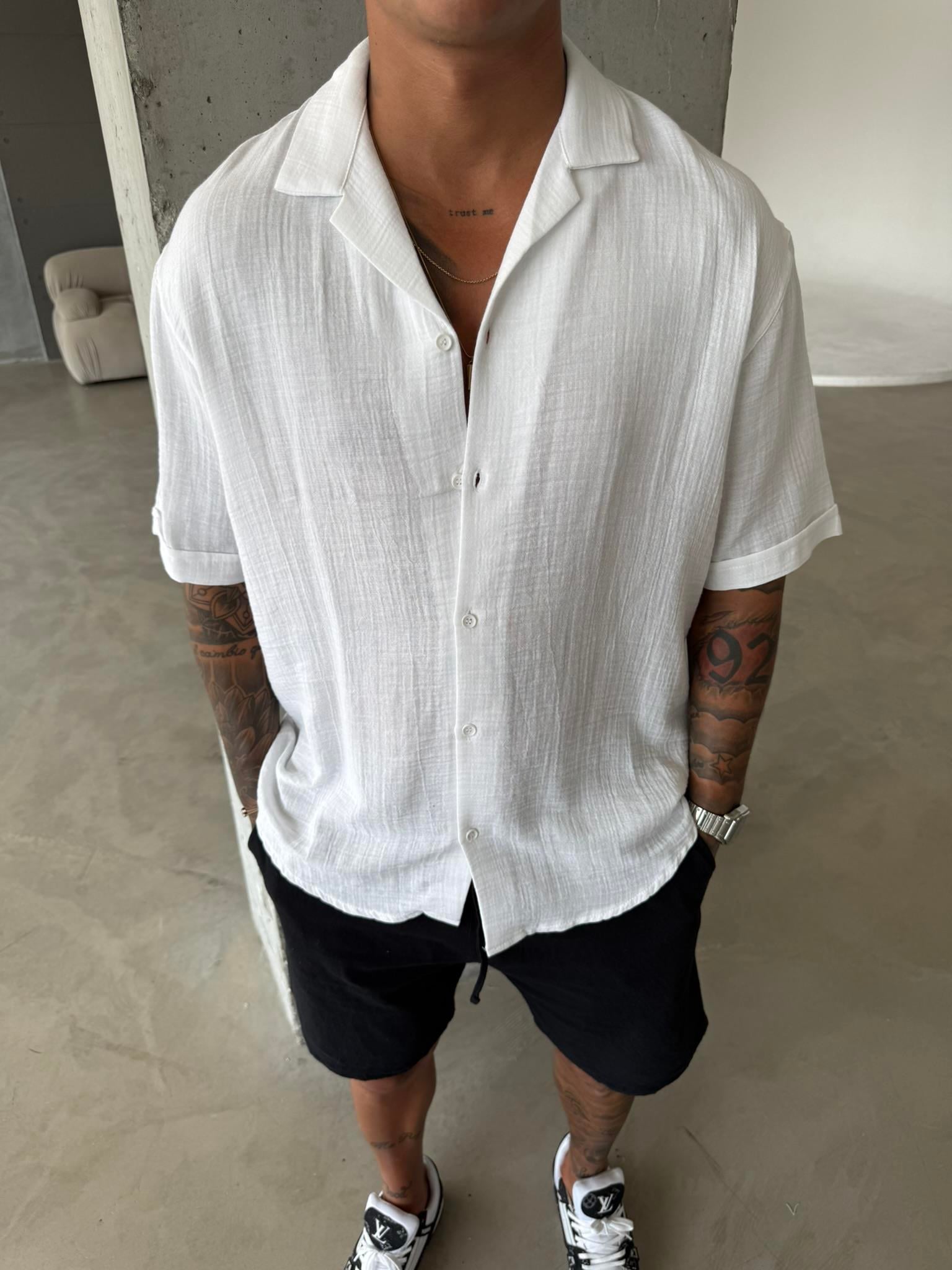 Erkek Oversize Fit Kısa Kollu Müslin Gömlek - Beyaz
