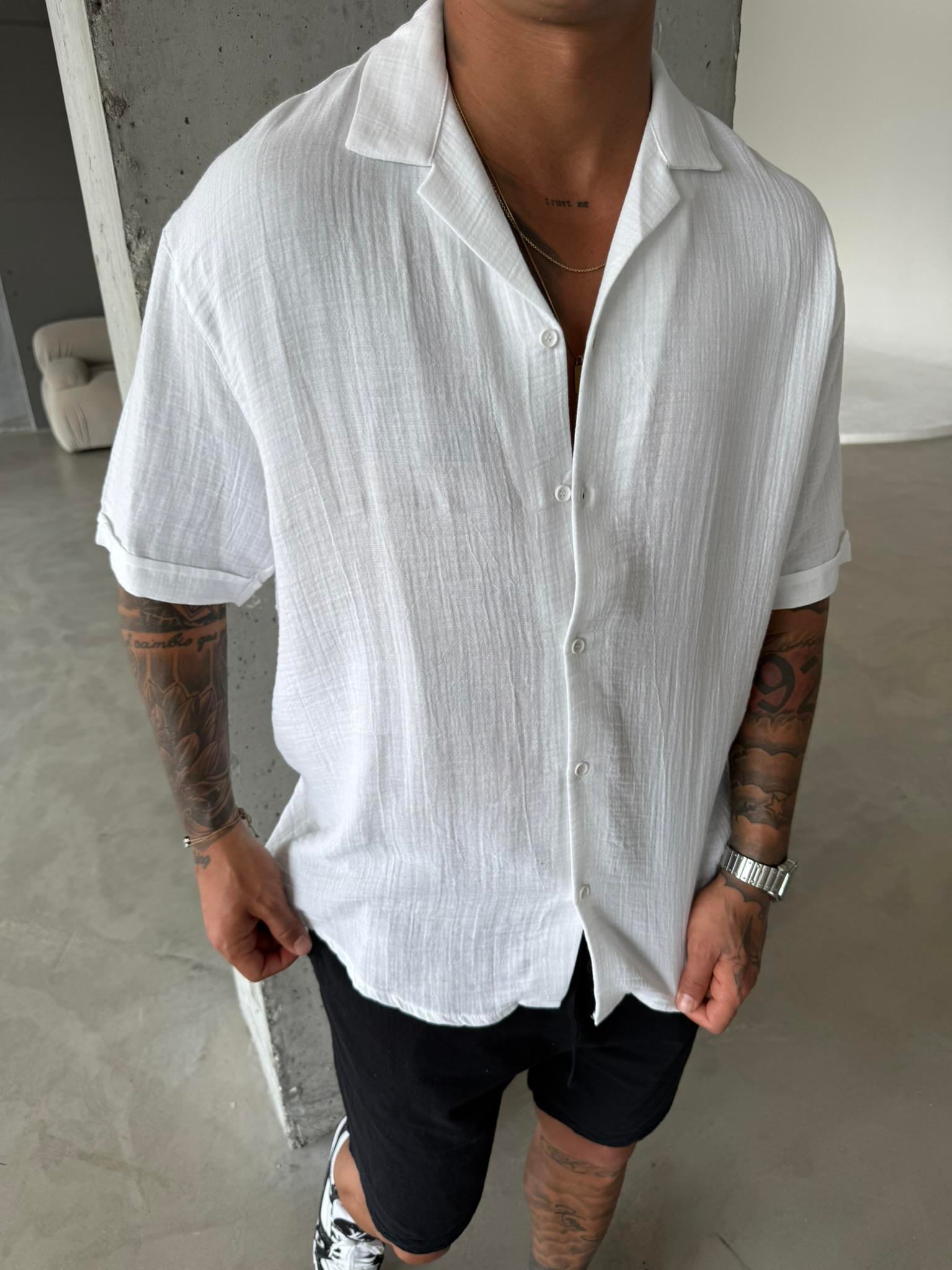 Erkek Oversize Fit Kısa Kollu Müslin Gömlek - Beyaz