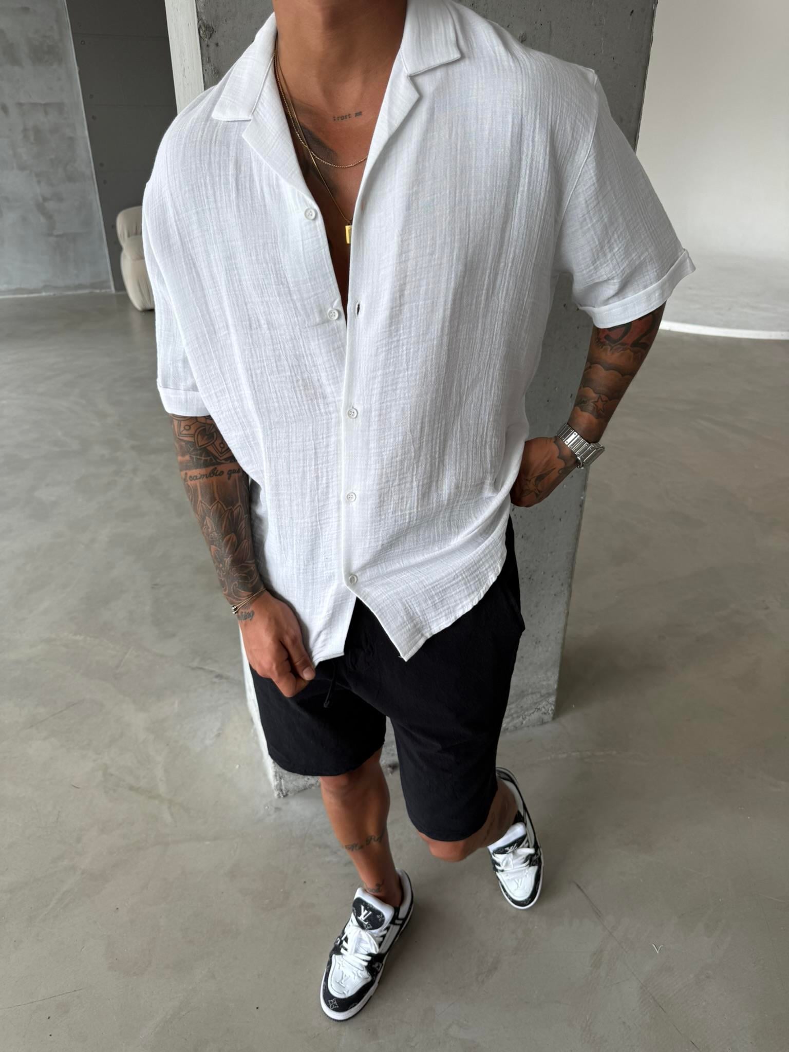 Erkek Oversize Fit Kısa Kollu Müslin Gömlek - Beyaz