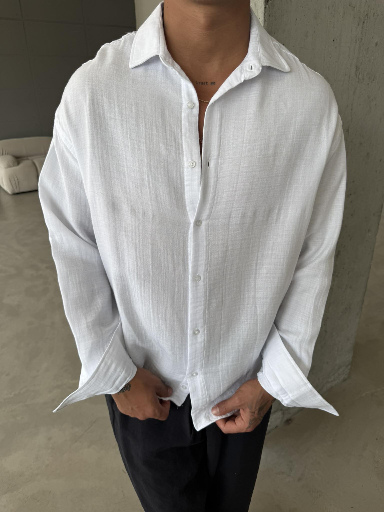 Erkek Oversize Fit Uzun Kollu Müslin Gömlek - Beyaz