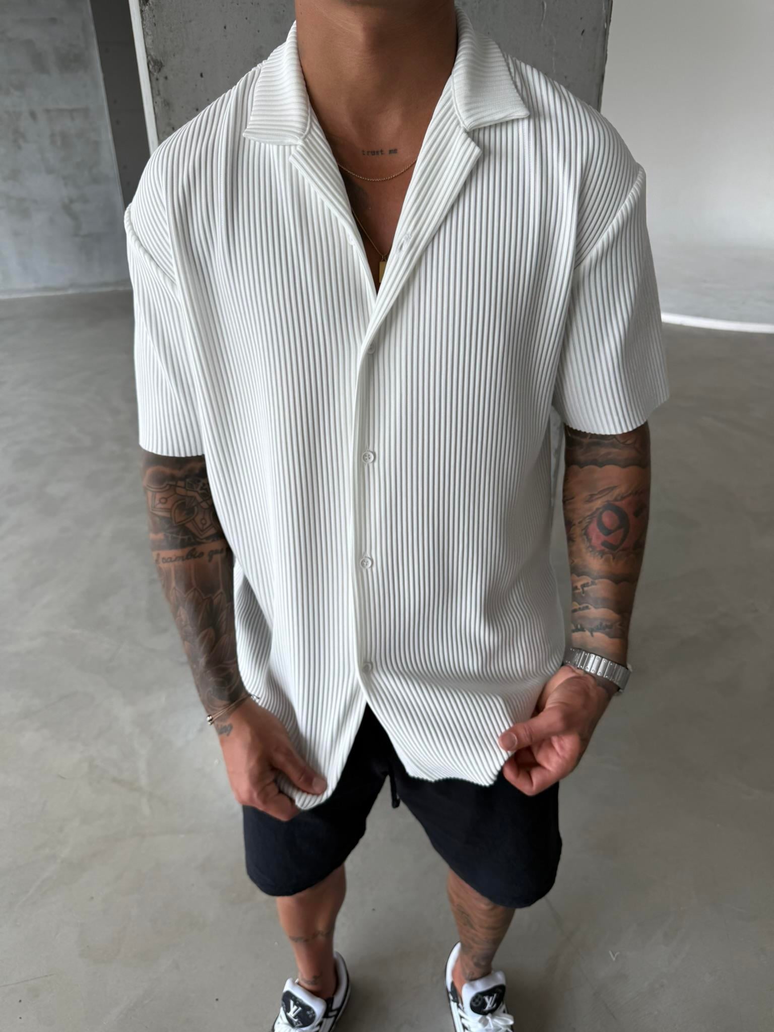 Erkek Oversize Fitilli Apaş Yaka Gömlek - Beyaz