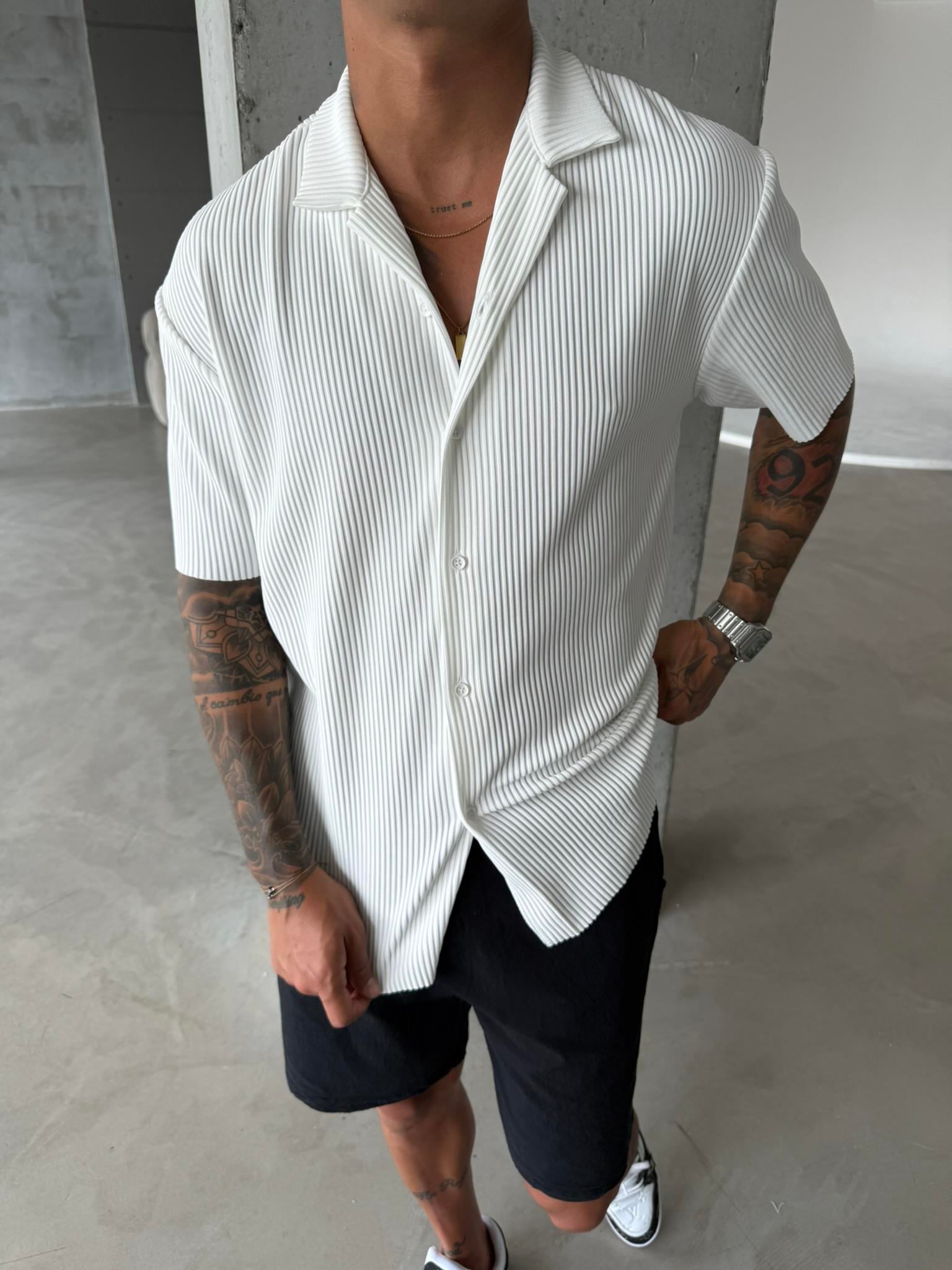 Erkek Oversize Fitilli Apaş Yaka Gömlek - Beyaz