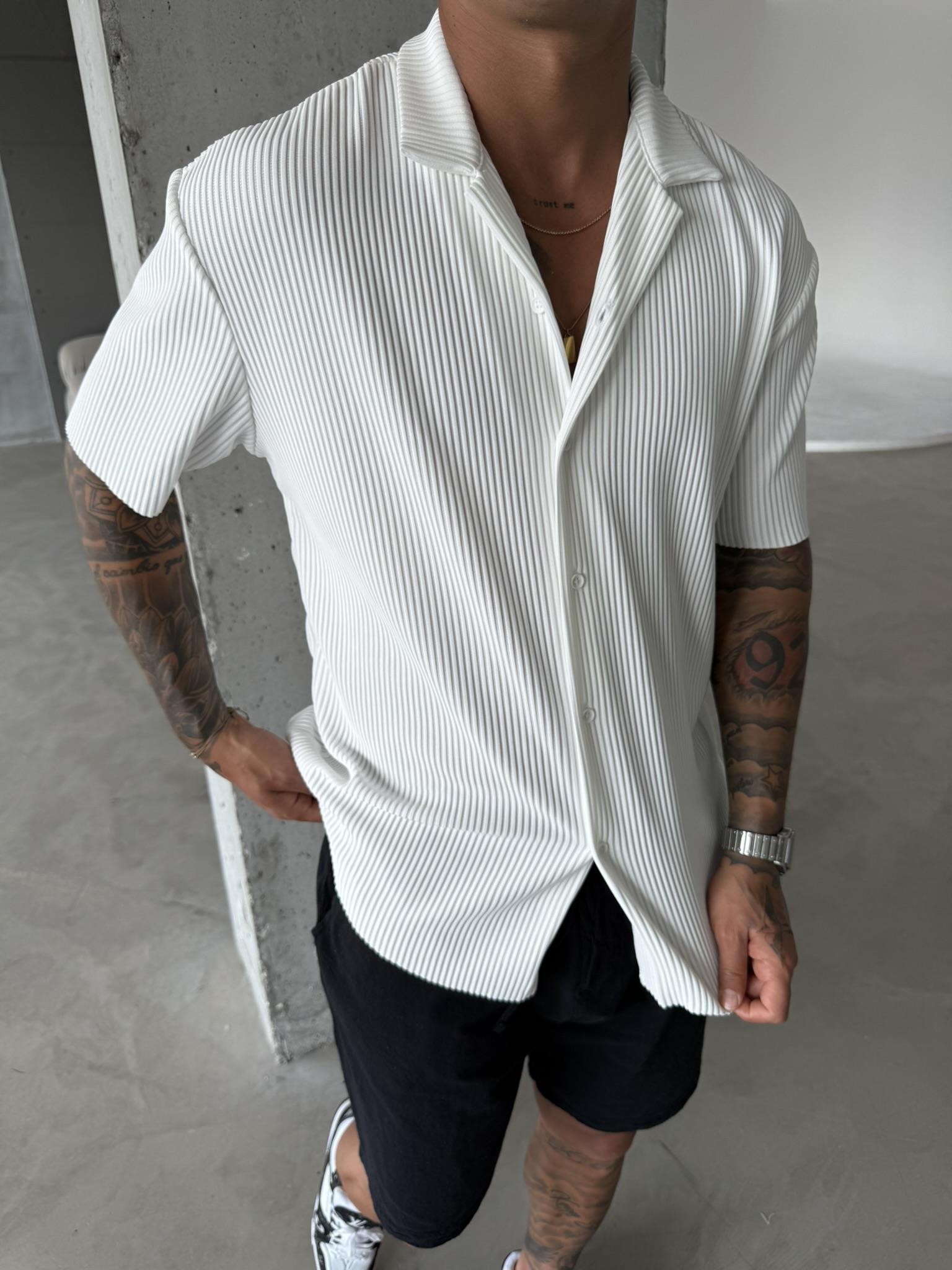 Erkek Oversize Fitilli Apaş Yaka Gömlek - Beyaz