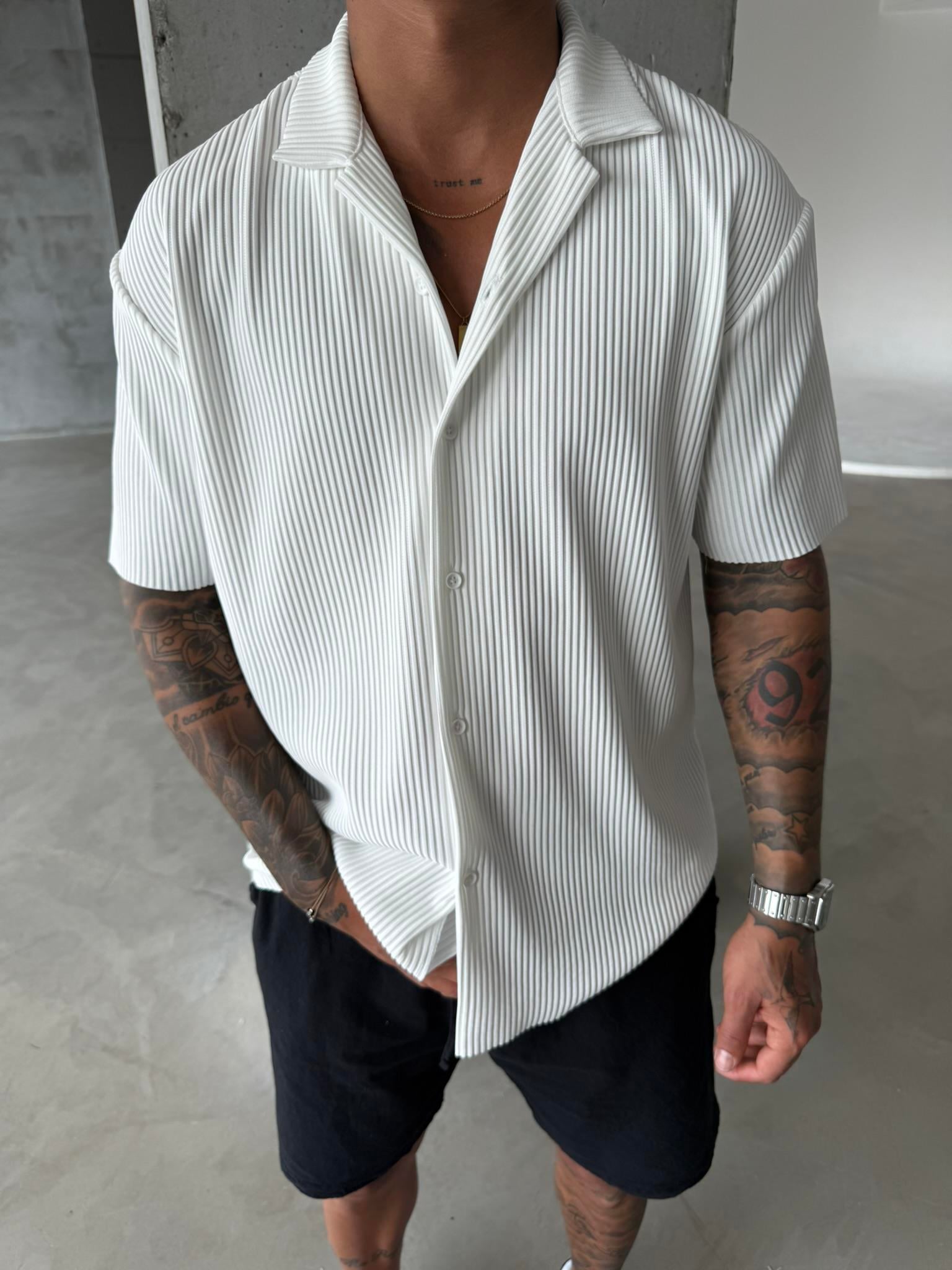 Erkek Oversize Fitilli Apaş Yaka Gömlek - Beyaz