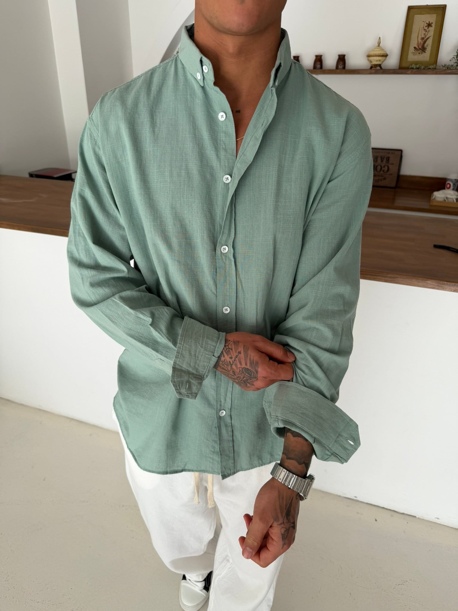 Fresh Keten Gömlek - Mint Yeşil