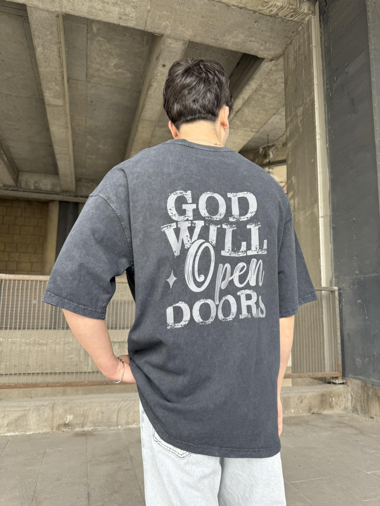God Will Yıkamalı Oversize T-Shirt - Siyah