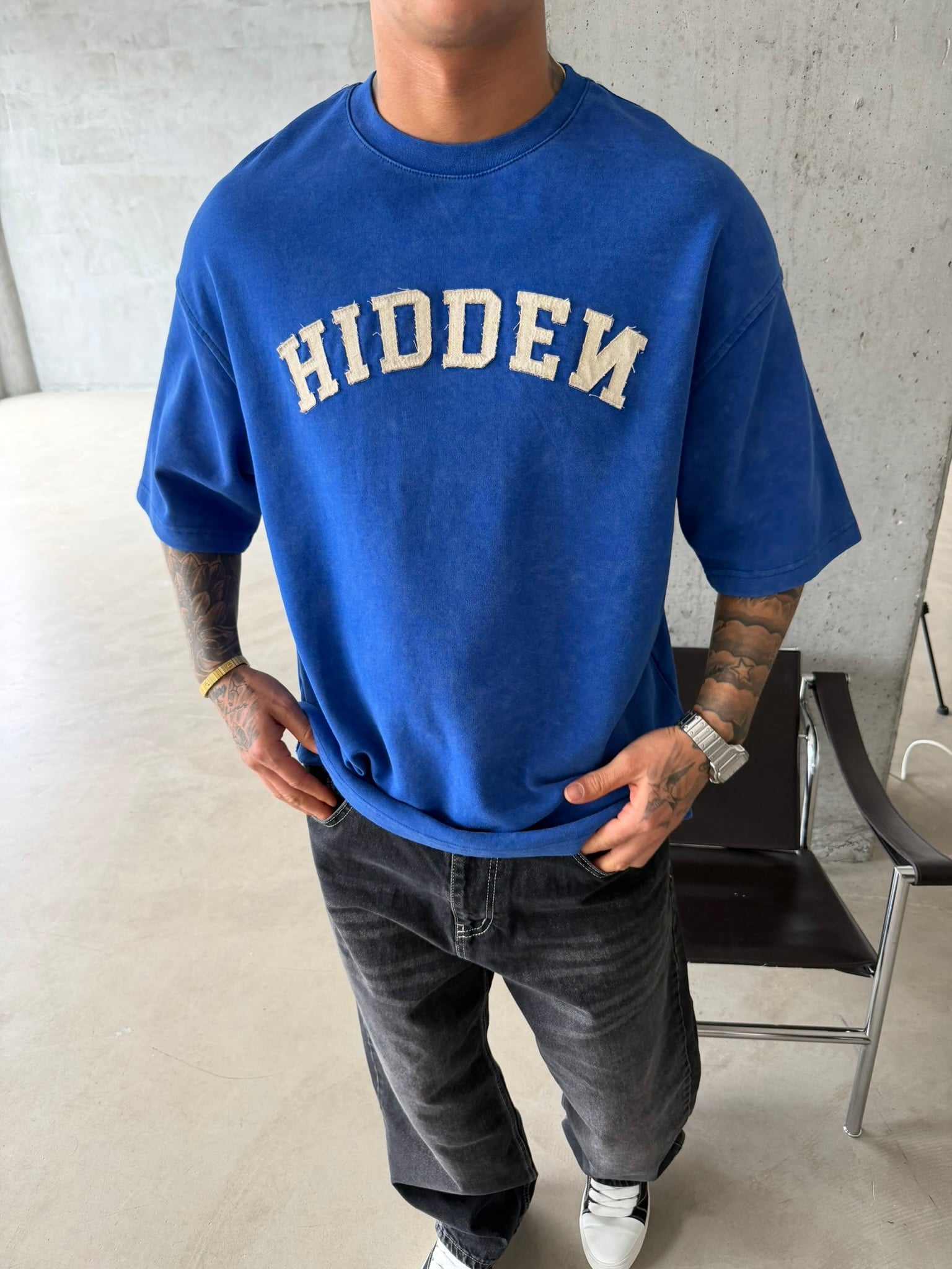 Hıddem Acid Yıkama Pacht Detaylı T-Shirt - Mavi