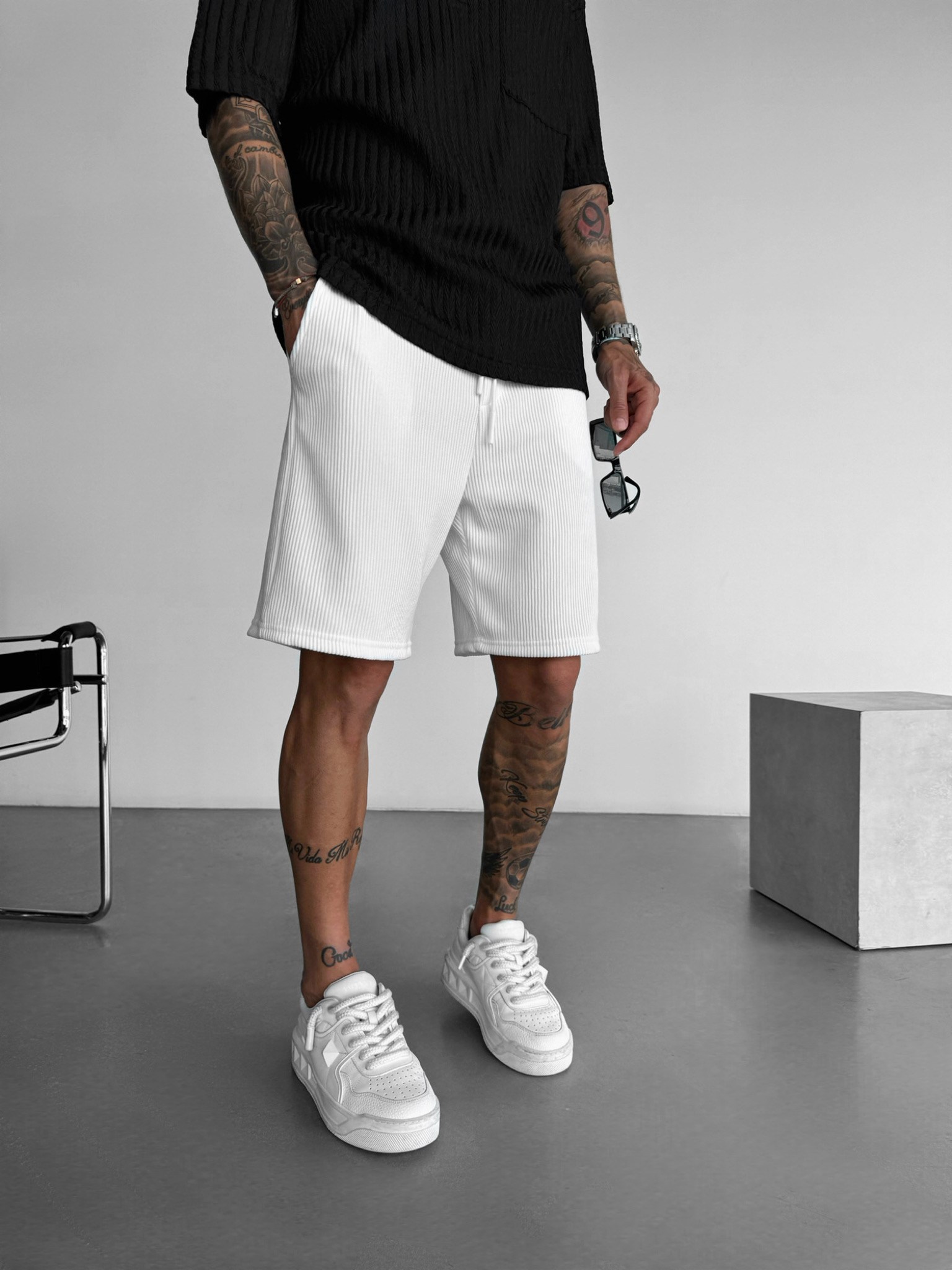 Loose Fit Cord Shorts  - Beyaz