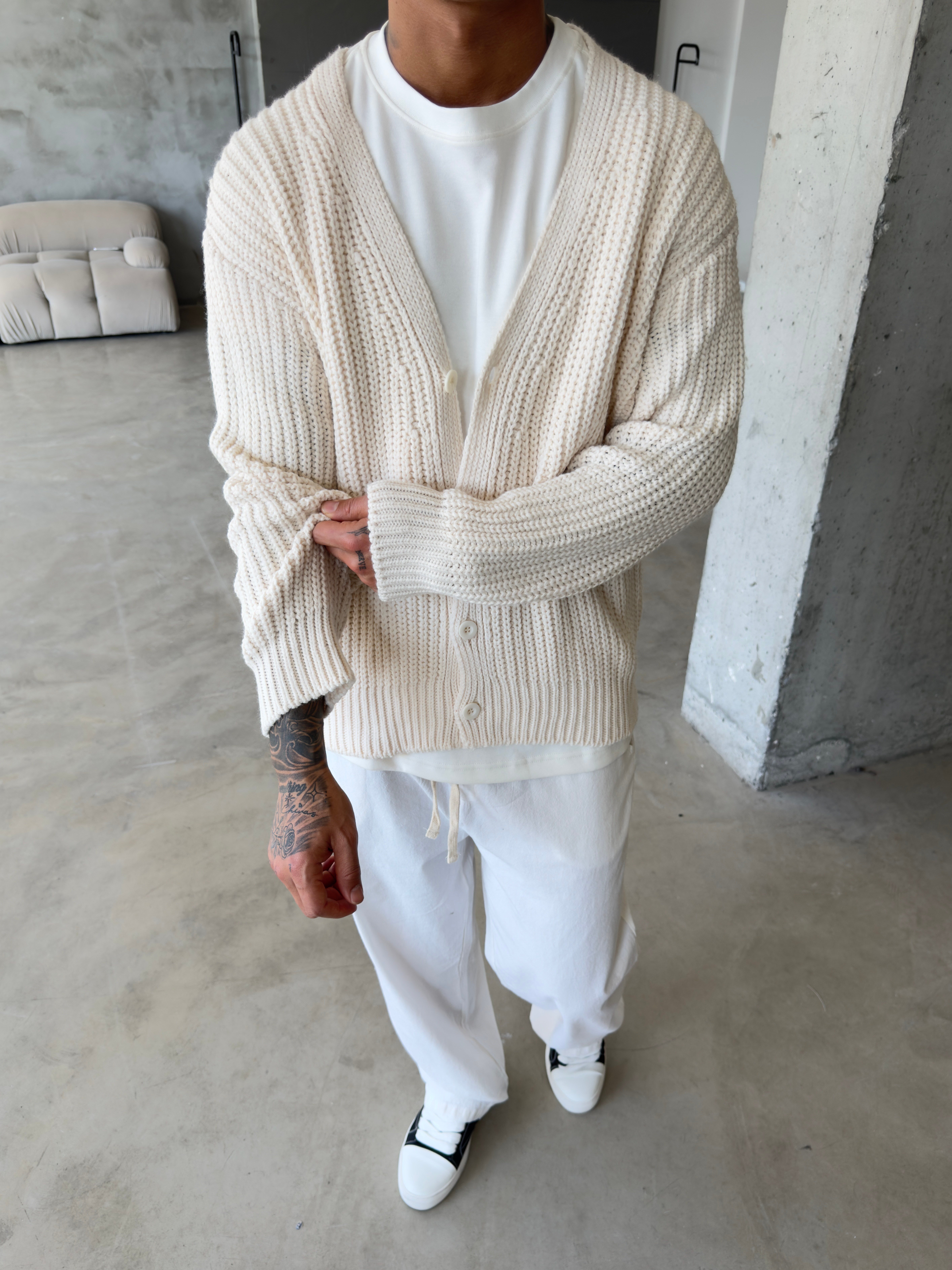 Örme Düğmeli Triko Hıkra - Bej