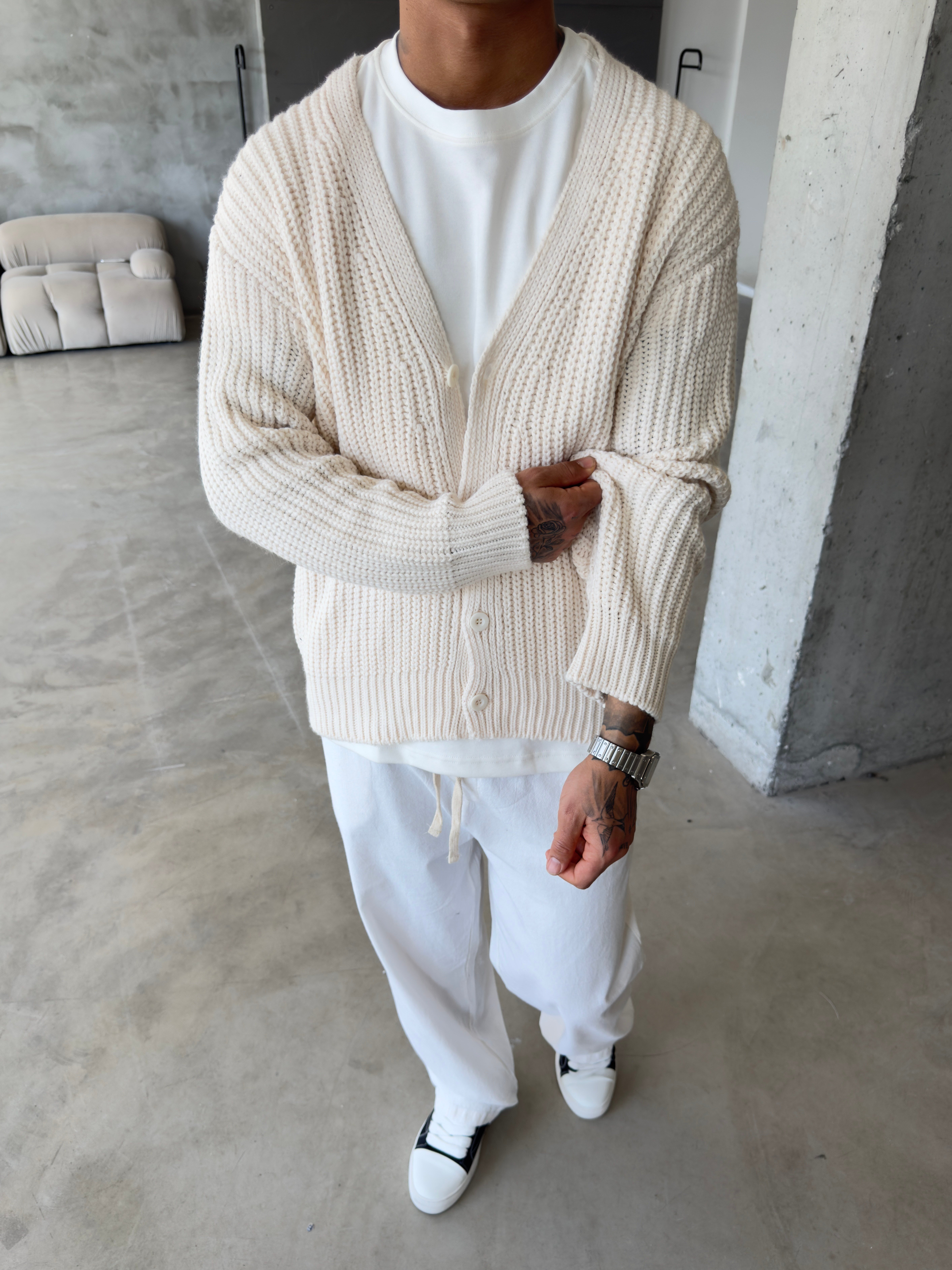 Örme Düğmeli Triko Hıkra - Bej