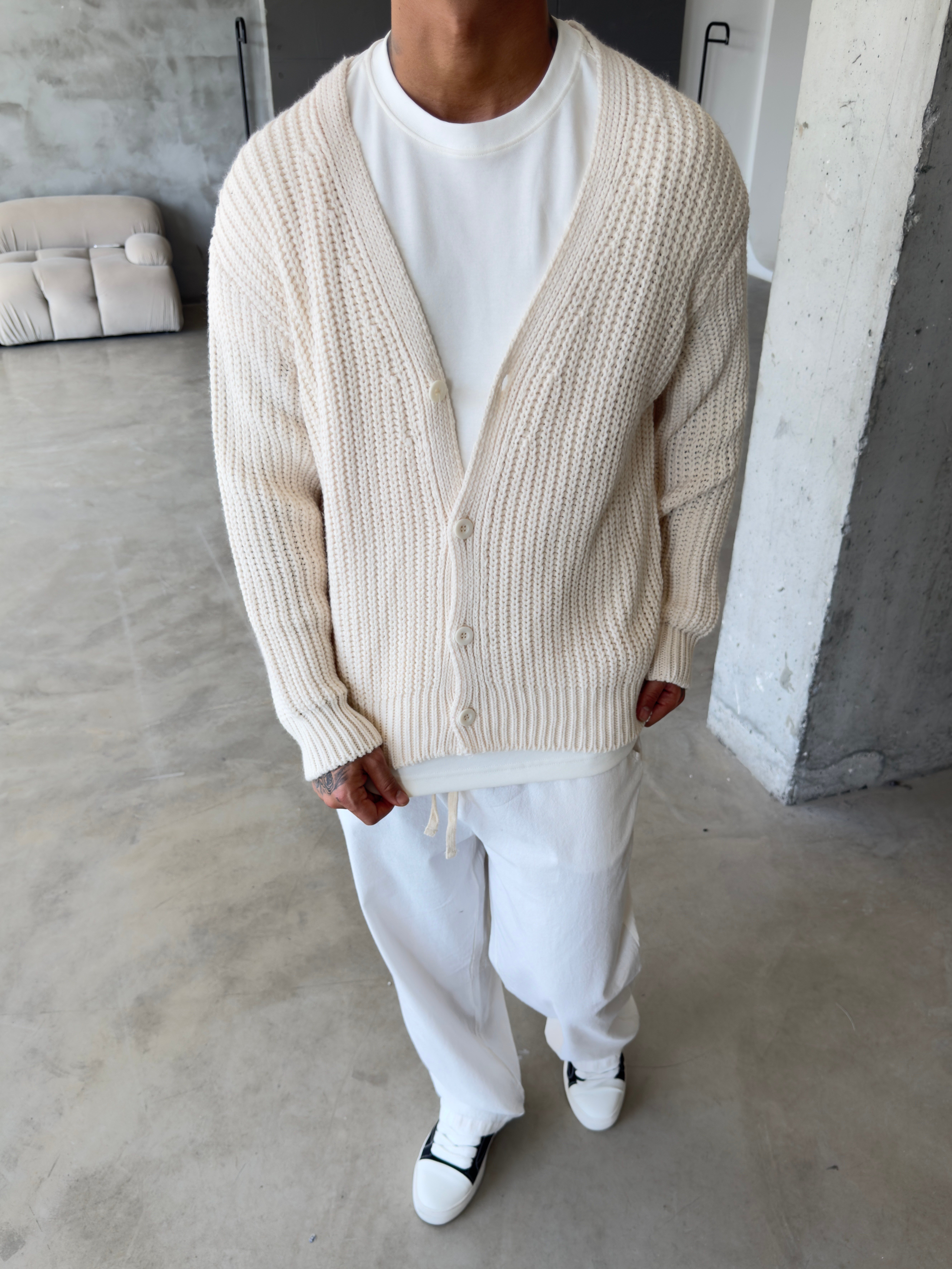 Örme Düğmeli Triko Hıkra - Bej