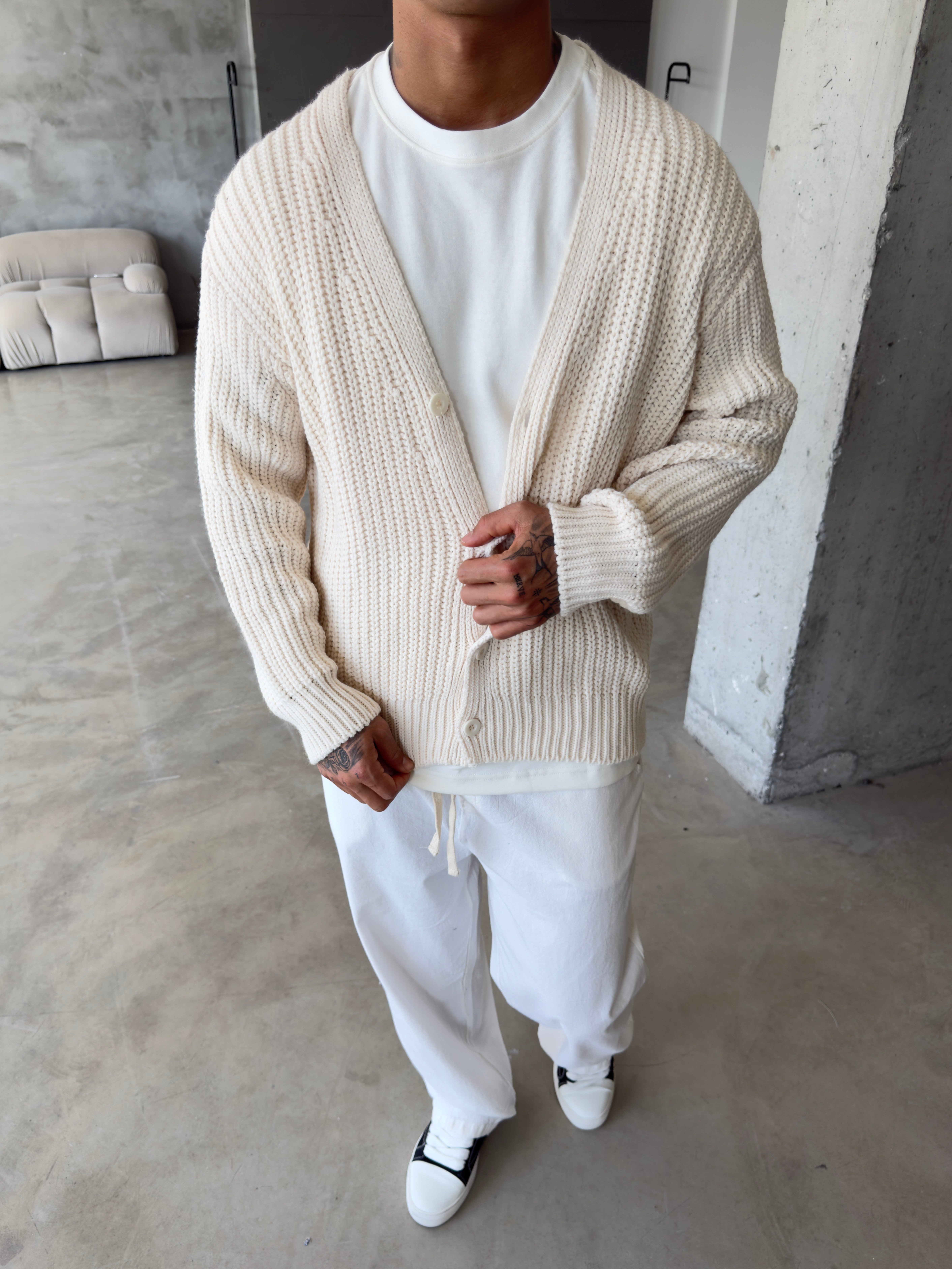 Örme Düğmeli Triko Hıkra - Bej