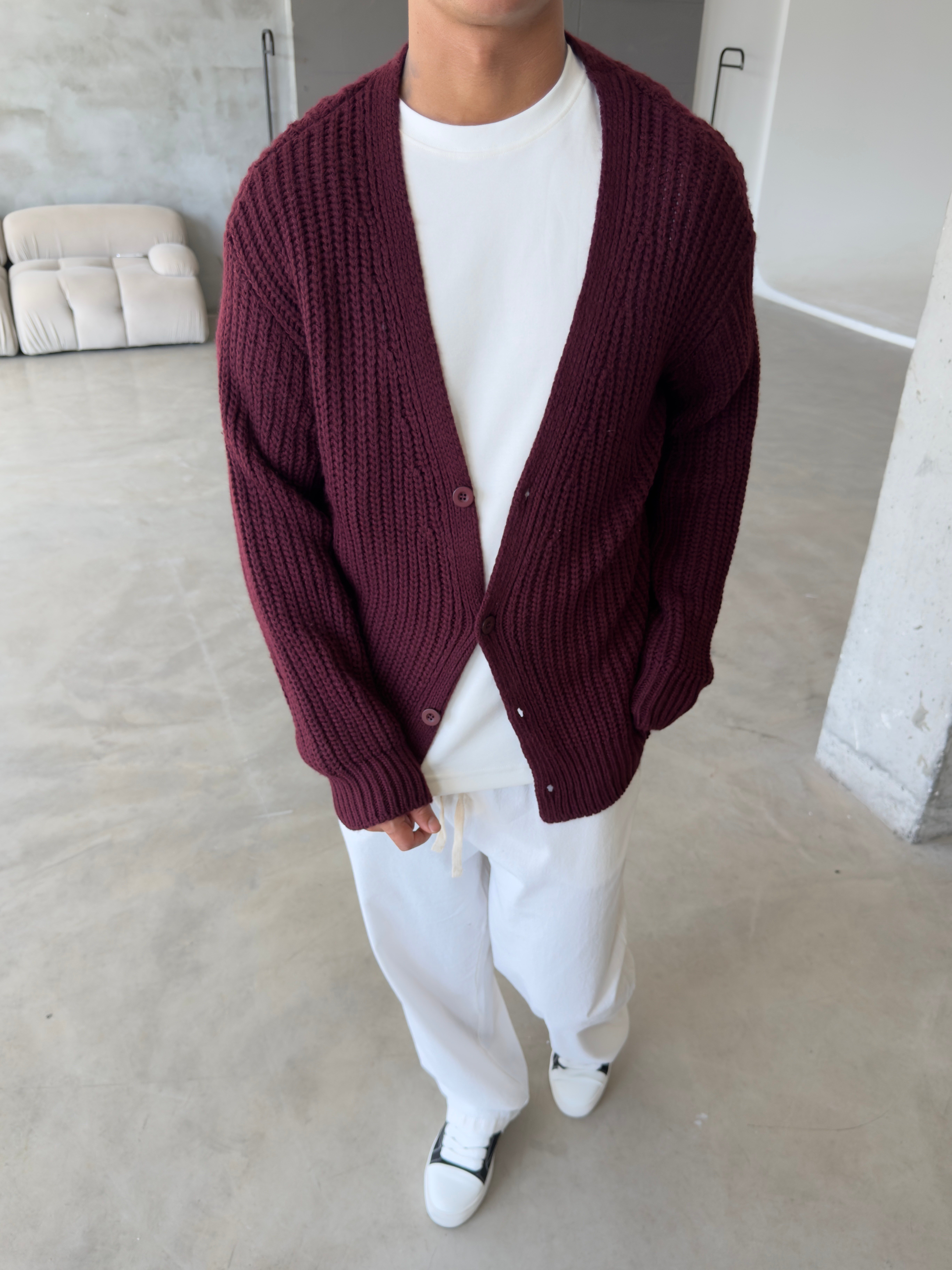 Örme Düğmeli Triko Hıkra - Bordo