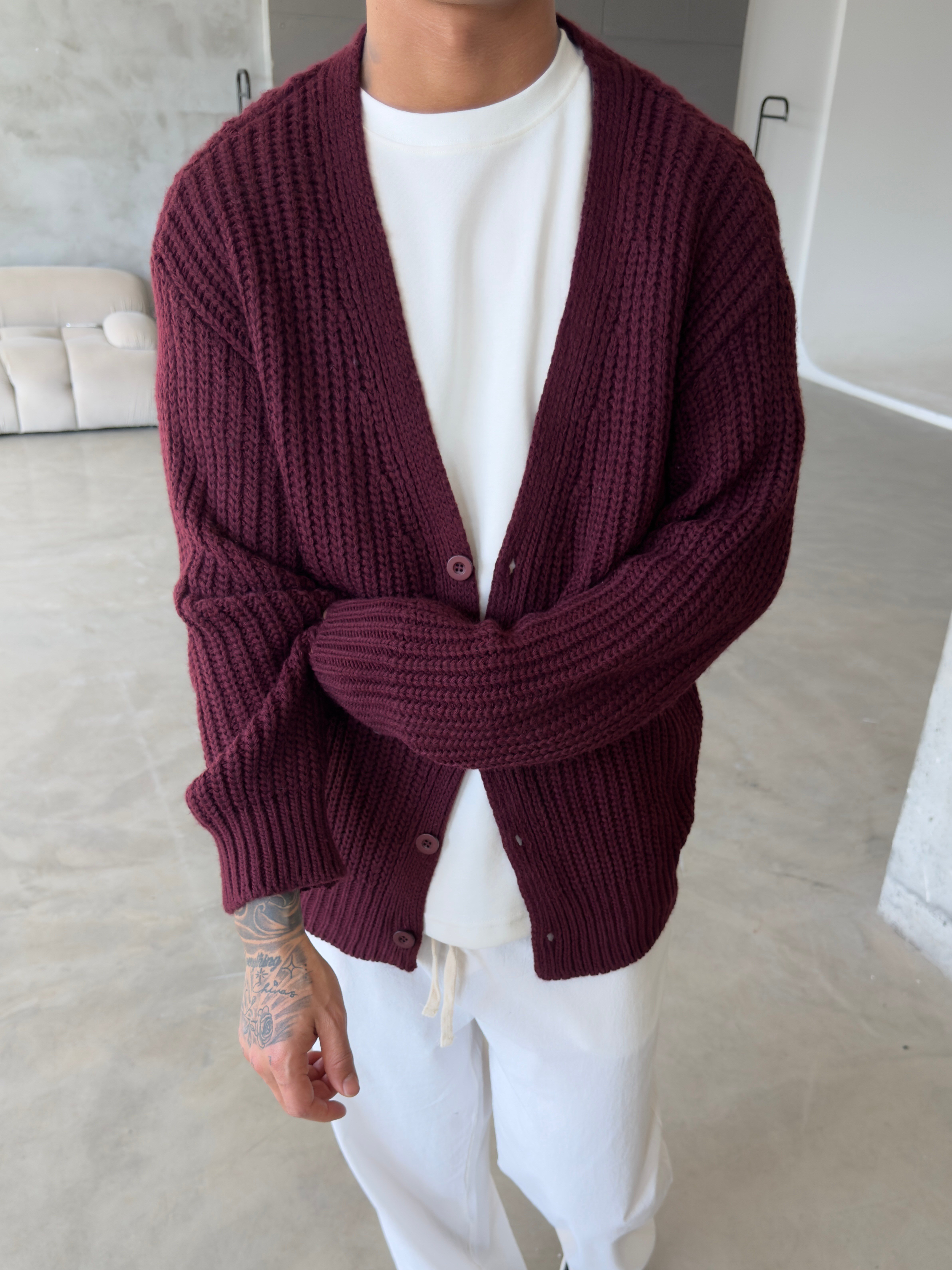 Örme Düğmeli Triko Hıkra - Bordo