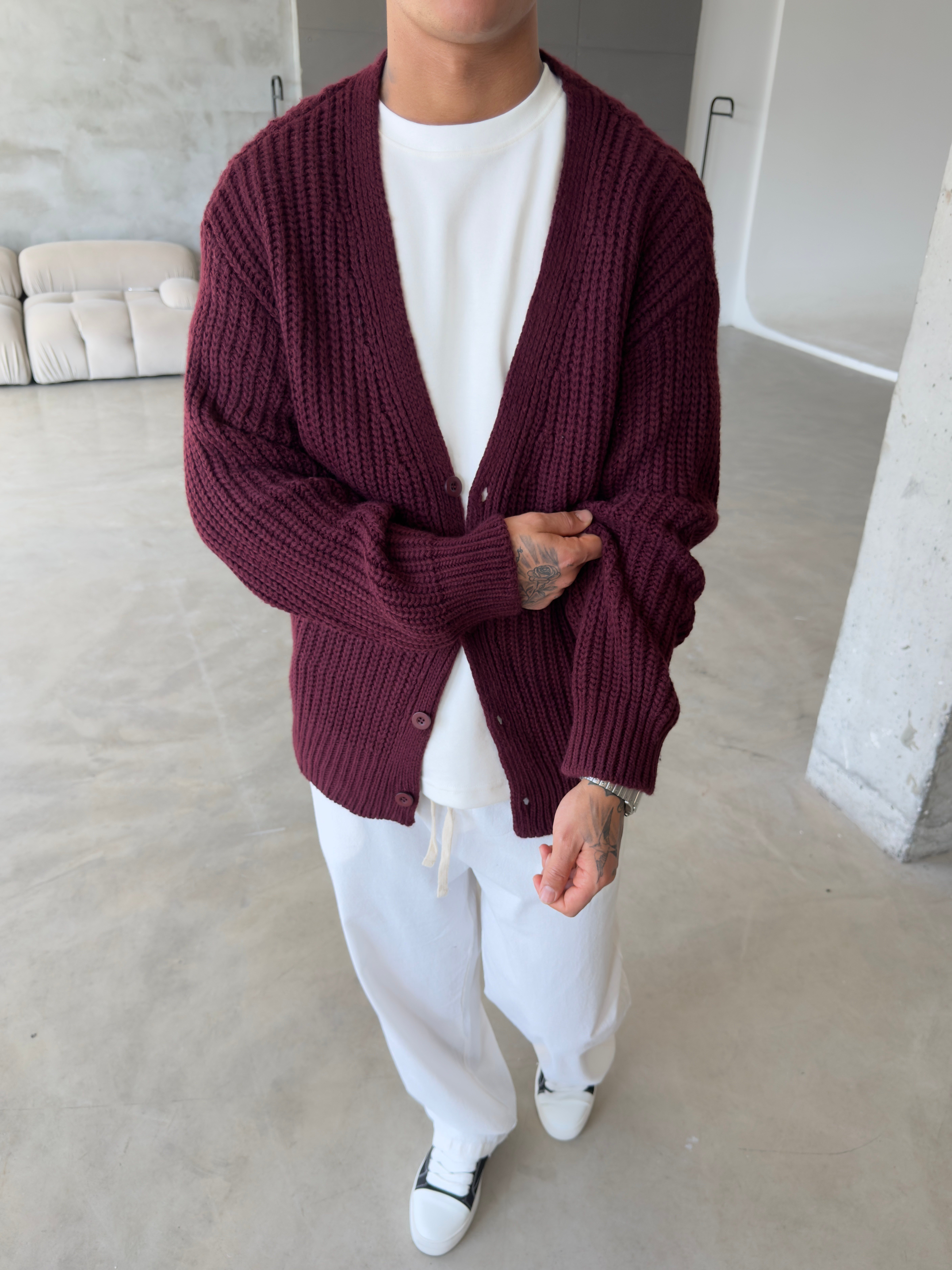 Örme Düğmeli Triko Hıkra - Bordo