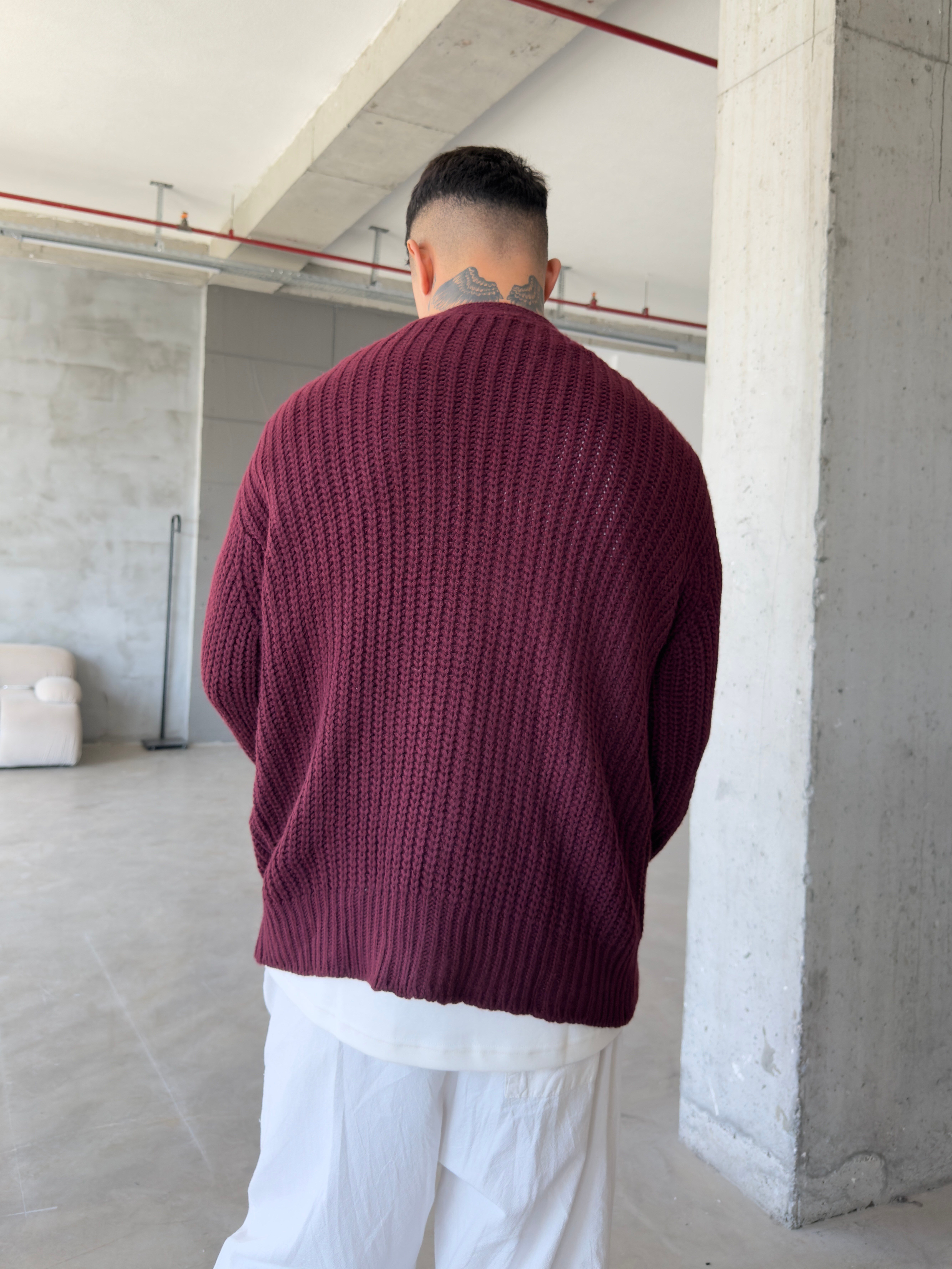 Örme Düğmeli Triko Hıkra - Bordo