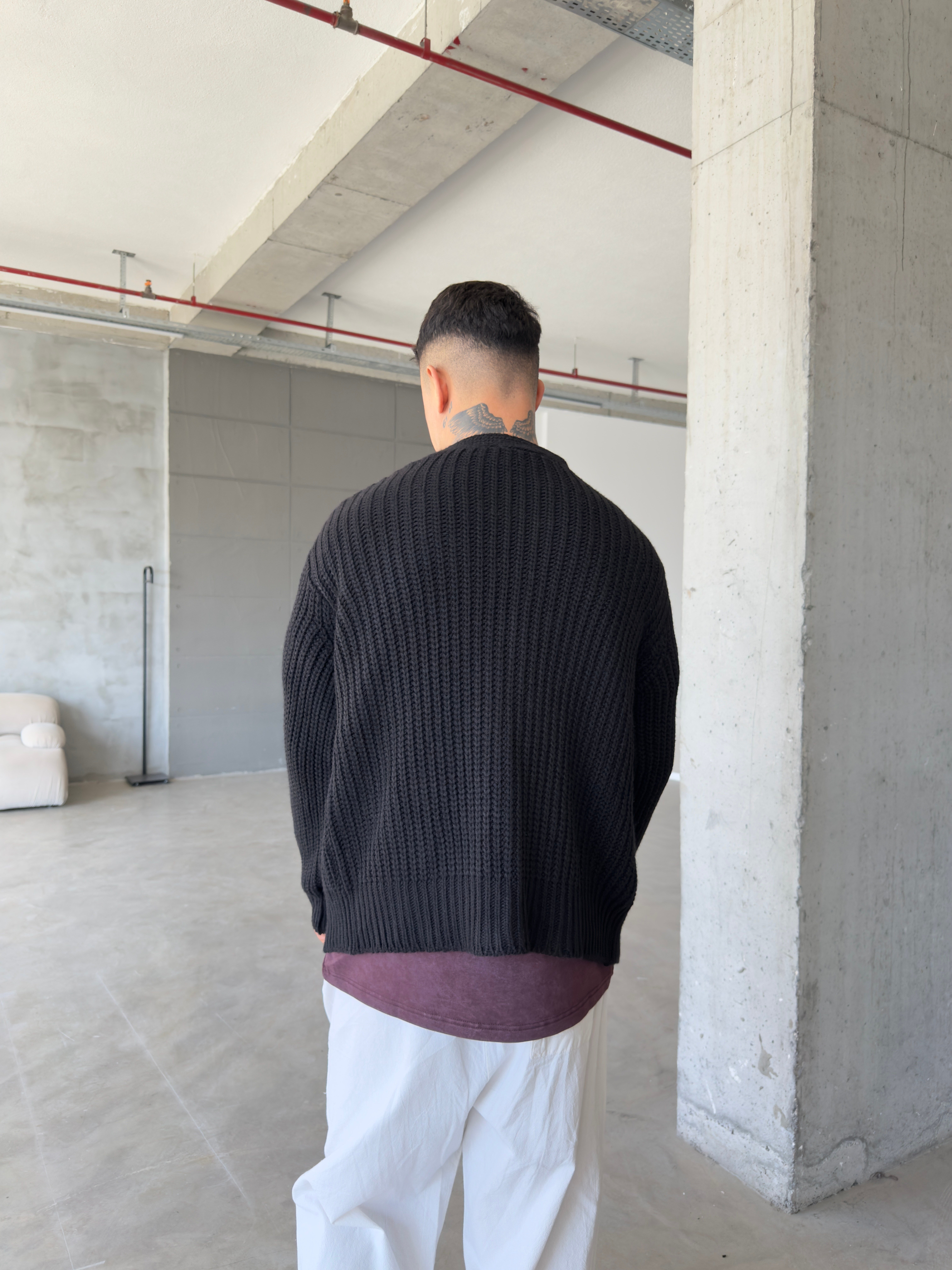 Örme Düğmeli Triko Hıkra - Siyah