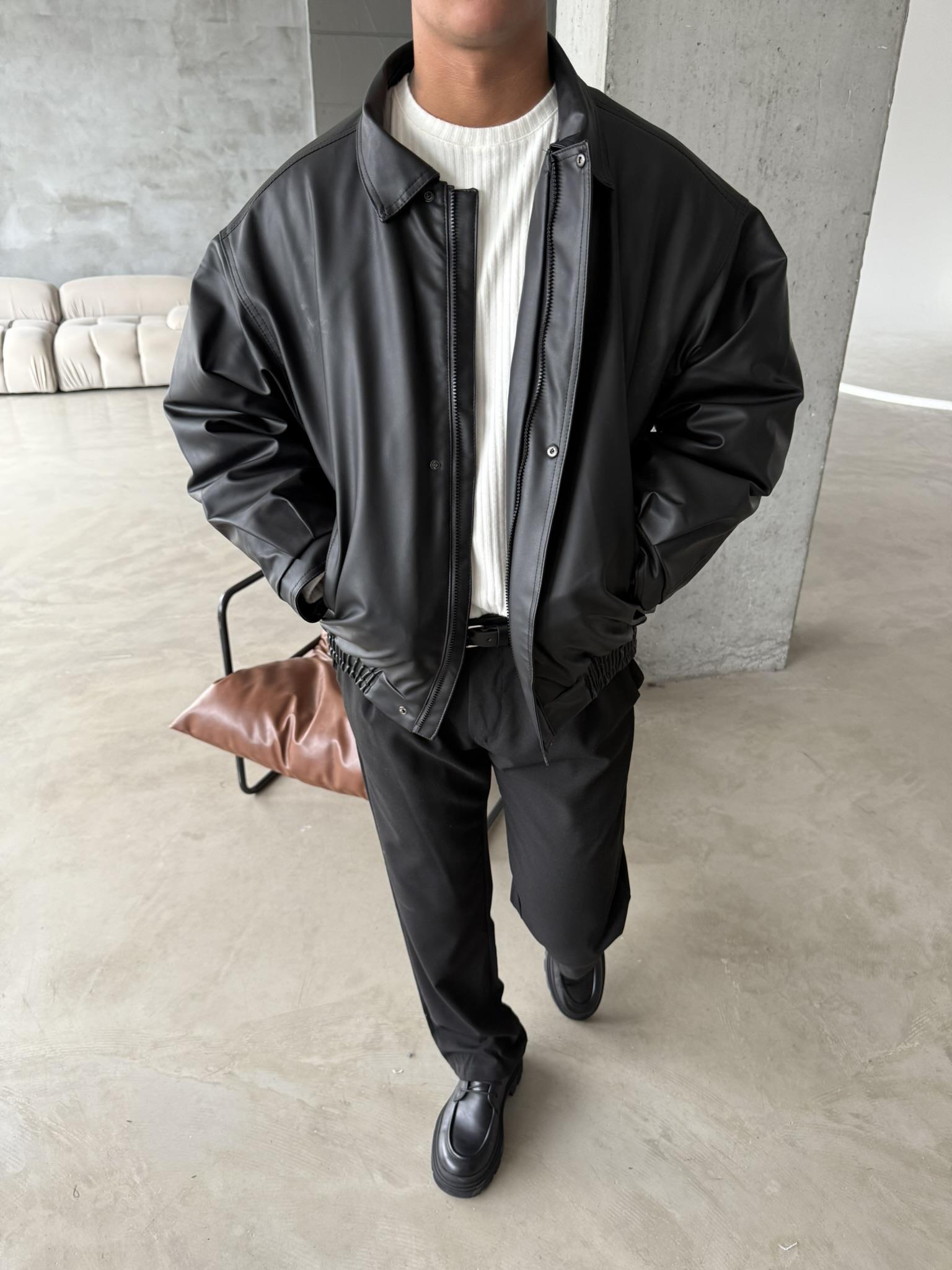 Oversize Fermuarlı ve Çıtçıtlı Deri Ceket