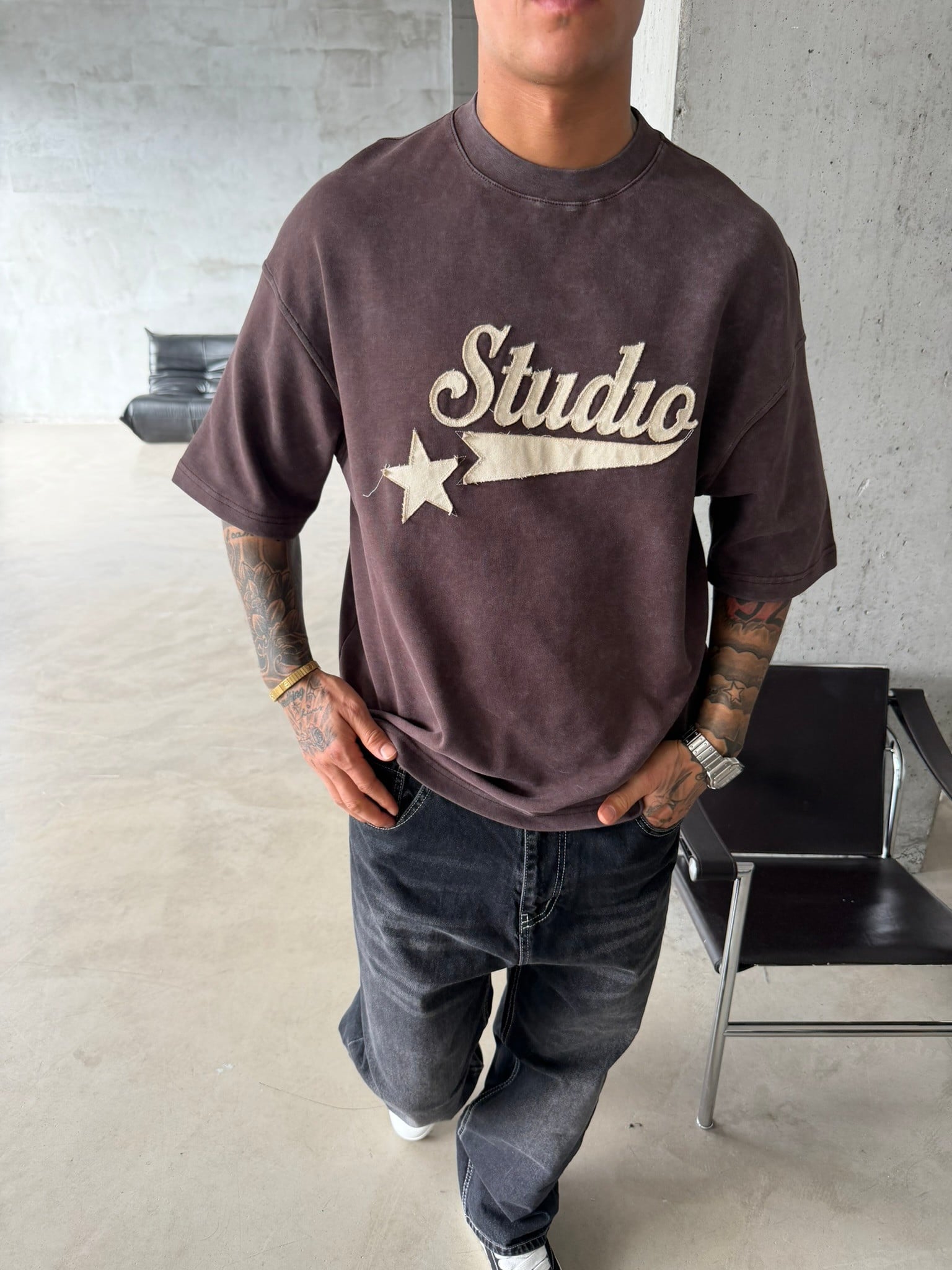 Pacht Detaylı STUDIO Acid Yıkama T-Shirt - Kahve