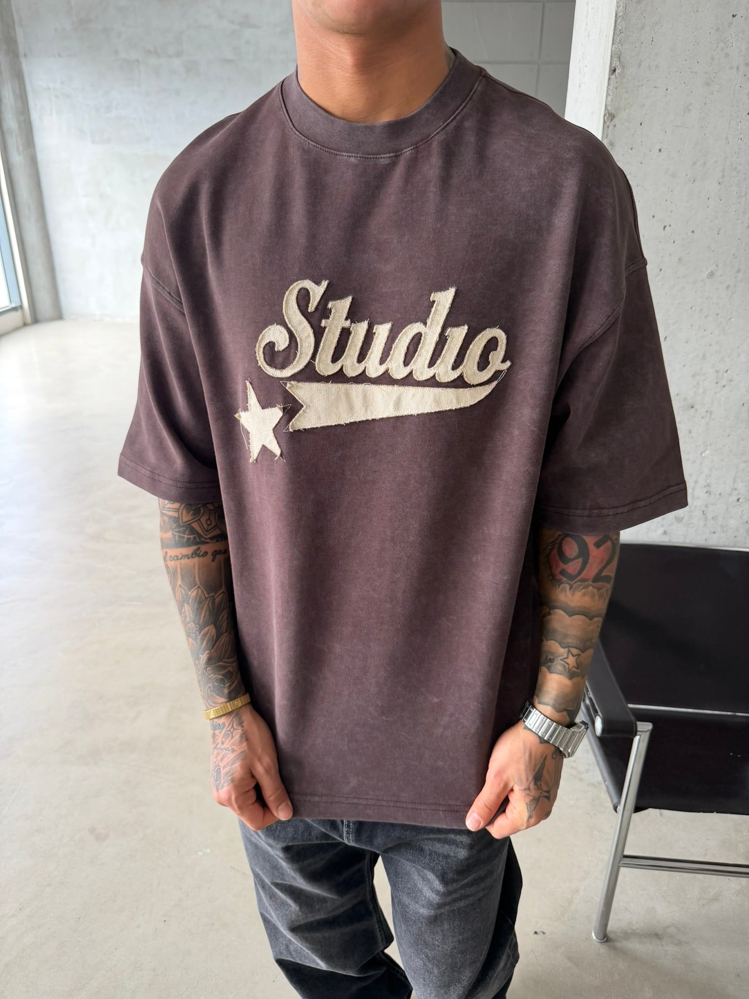 Pacht Detaylı STUDIO Acid Yıkama T-Shirt - Kahve