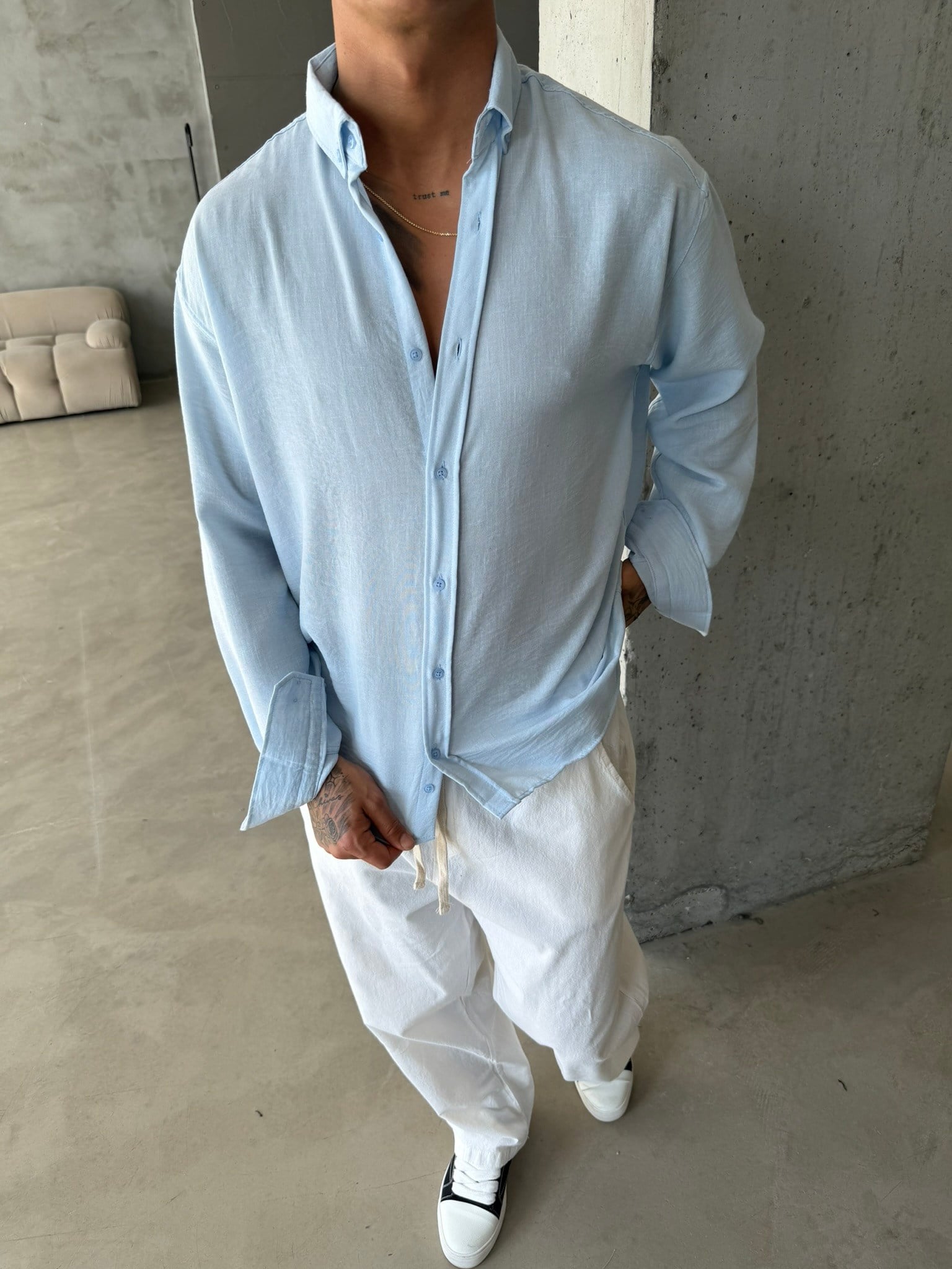 Pera Keten Basic Gömlek - Bebe Mavi