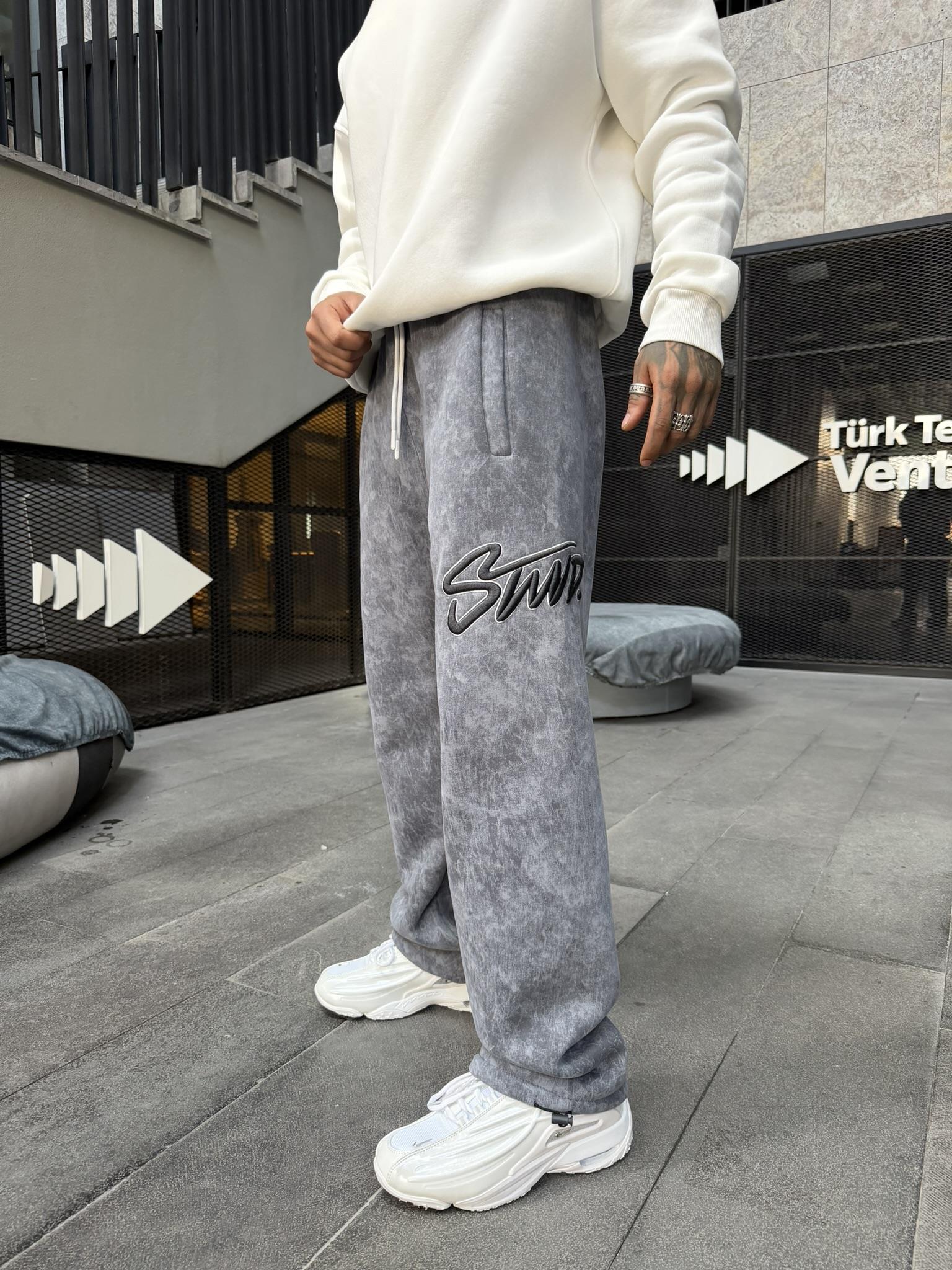 Premium Acid İşlemeli SW Yıkamalı Baggy Eşofman - Füme