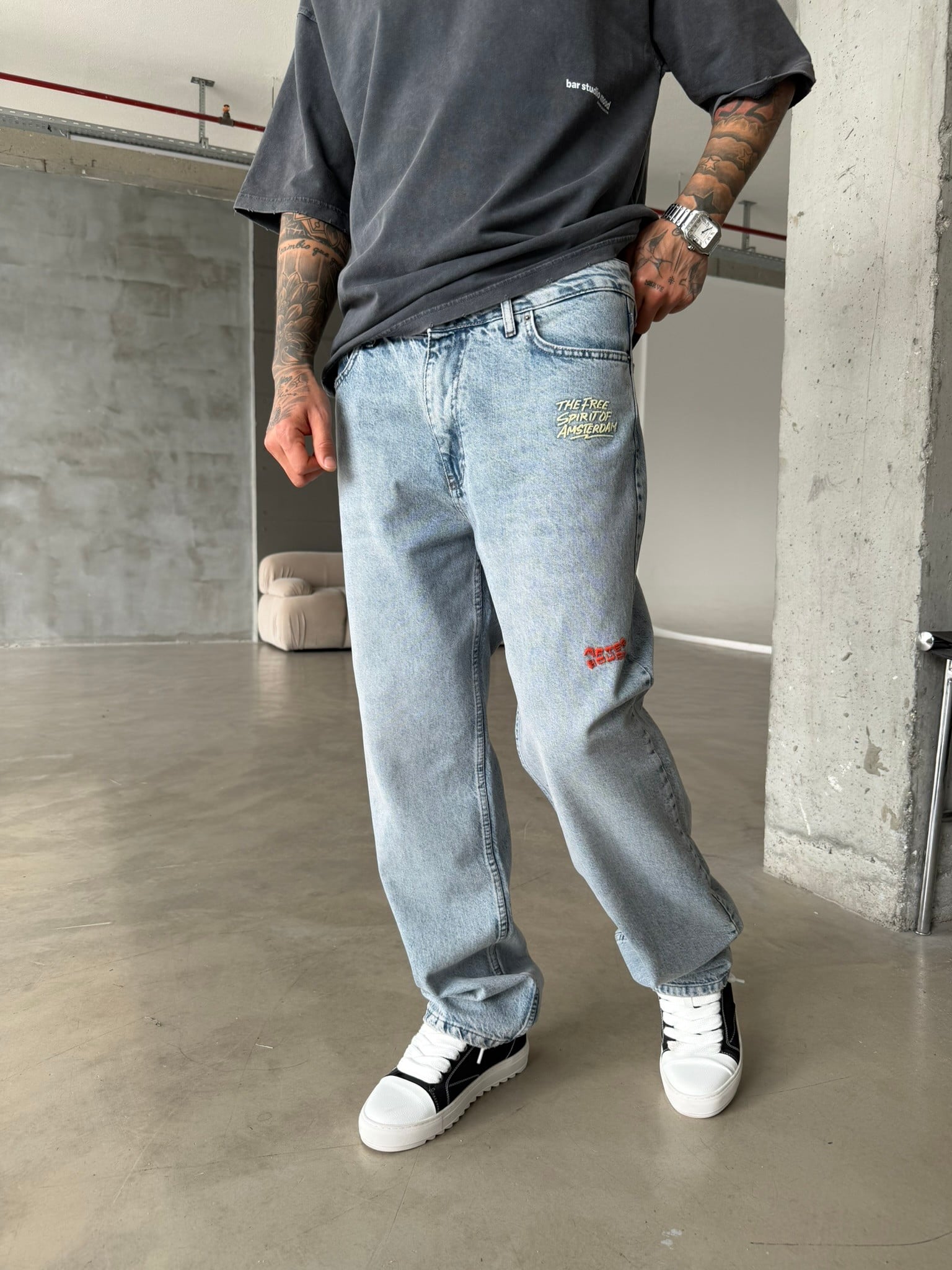 Premium Nakışlı Auro Prime Baggy Pantolon - Mavi