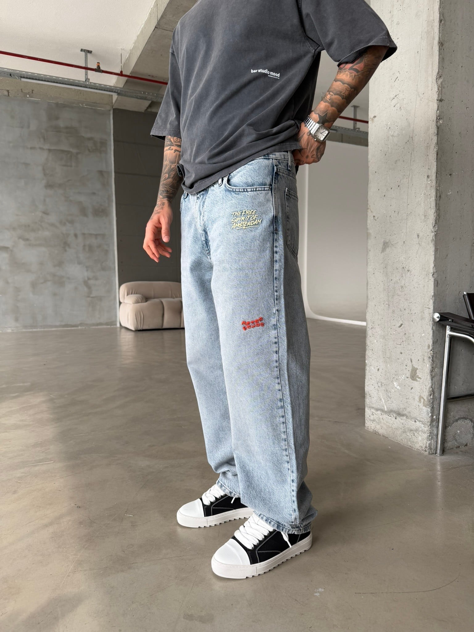 Premium Nakışlı Auro Prime Baggy Pantolon - Mavi