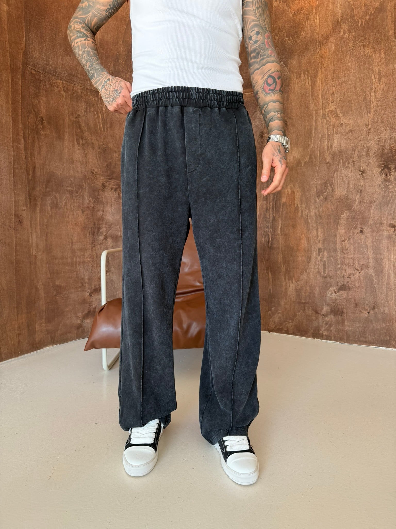 Premium Paça Fermuarlı Yıkamalı Baggy Eşofman - Siyah