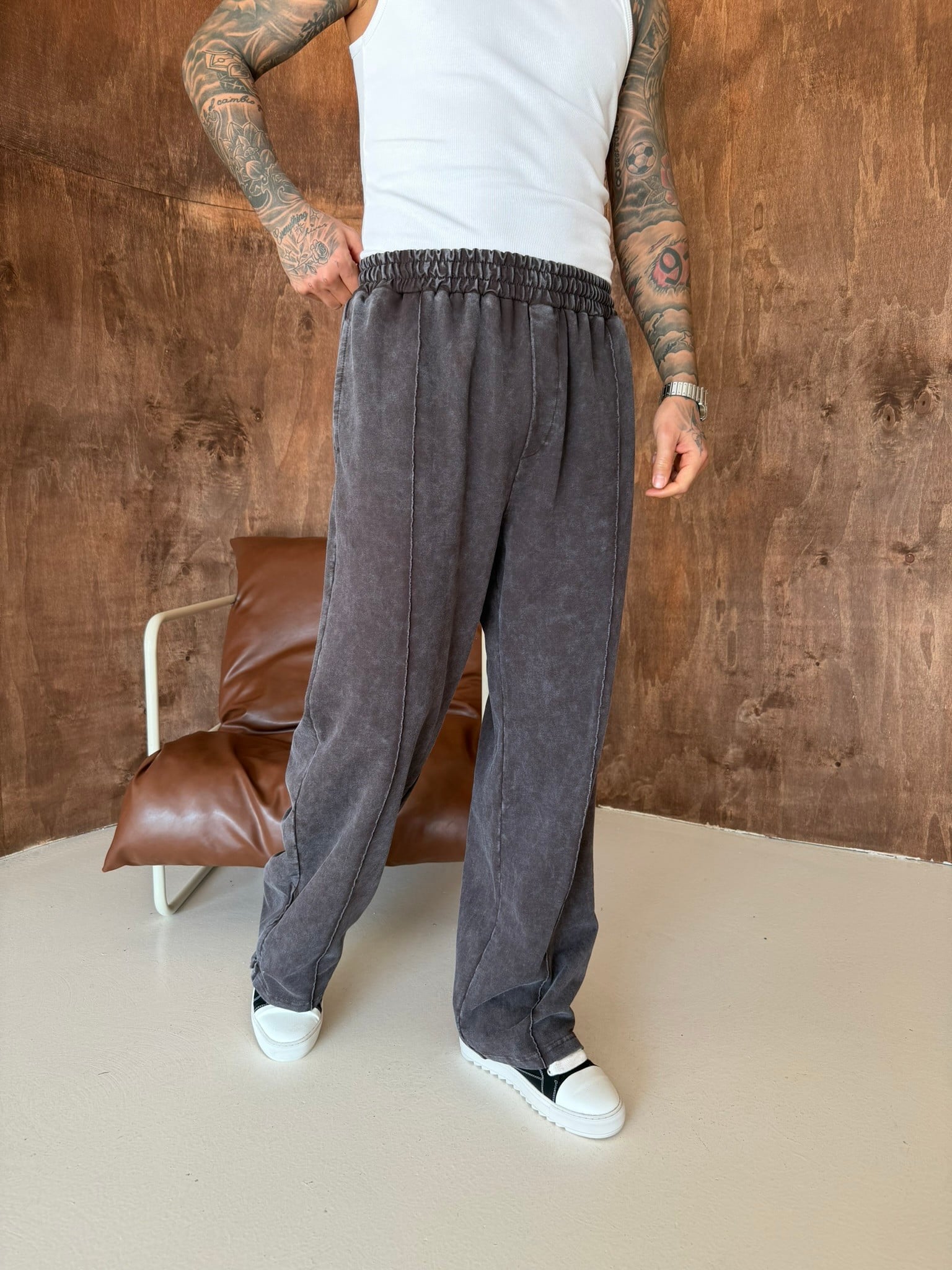 Premium Paça Fermuarlı Yıkamalı Baggy Eşofman - Kahve