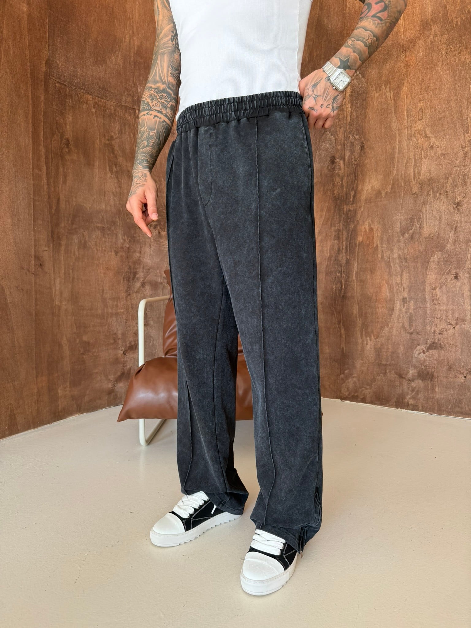 Premium Paça Fermuarlı Yıkamalı Baggy Eşofman - Siyah
