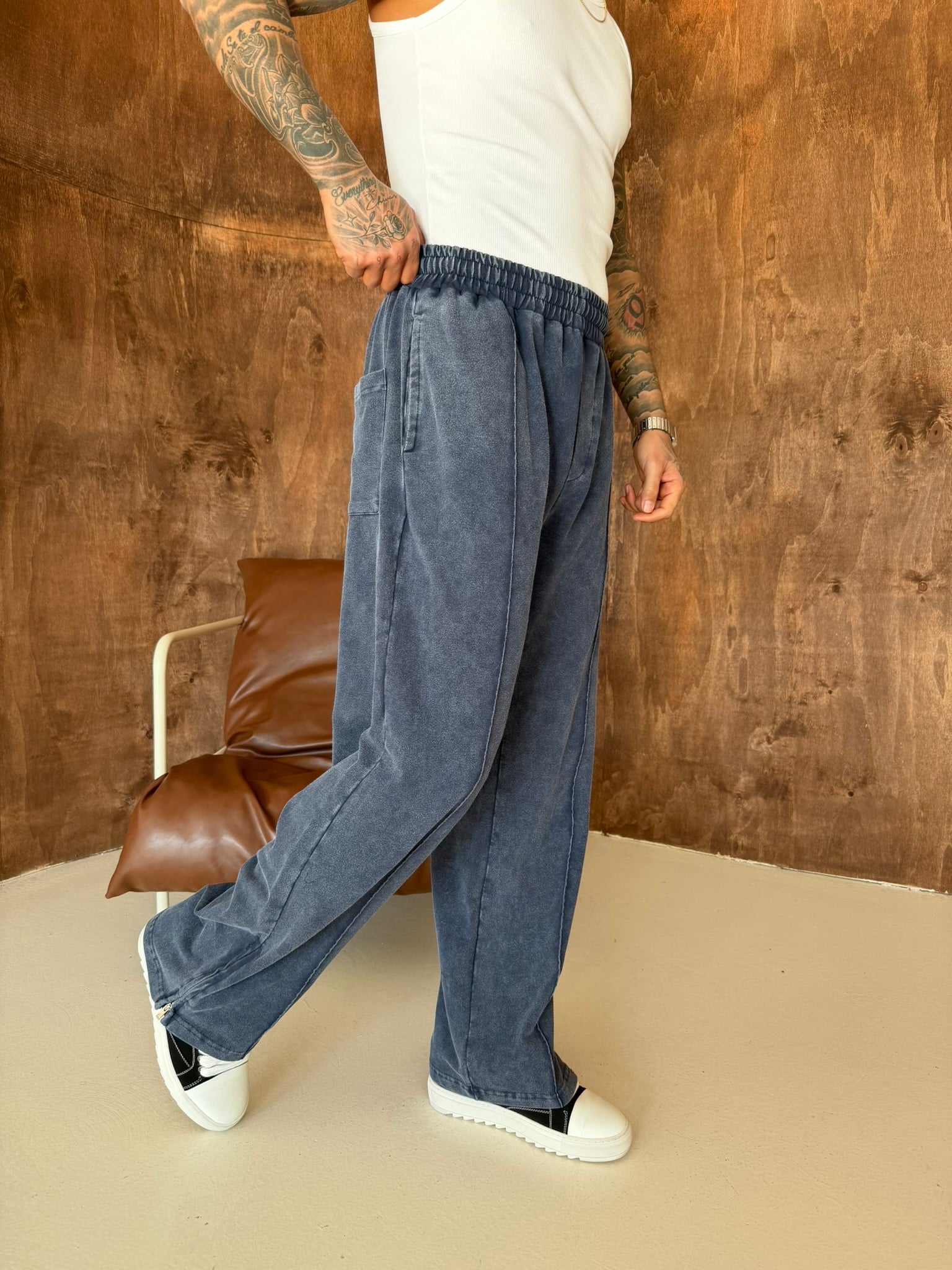 Premium Paça Fermuarlı Yıkamalı Baggy Eşofman - İndigo