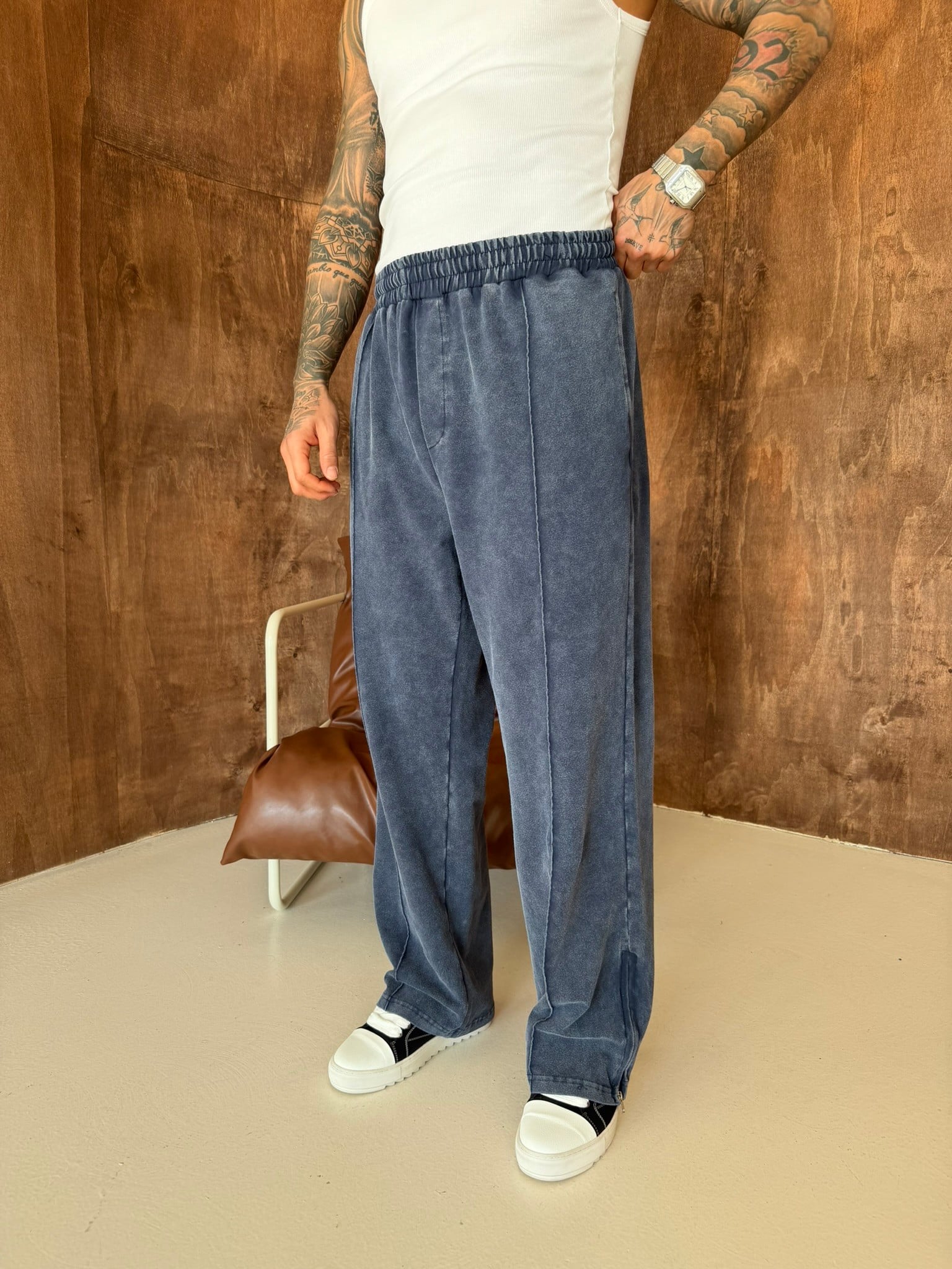 Premium Paça Fermuarlı Yıkamalı Baggy Eşofman - İndigo