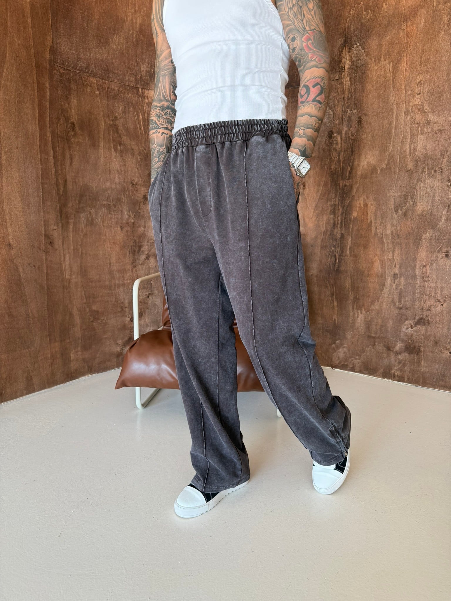 Premium Paça Fermuarlı Yıkamalı Baggy Eşofman - Kahve