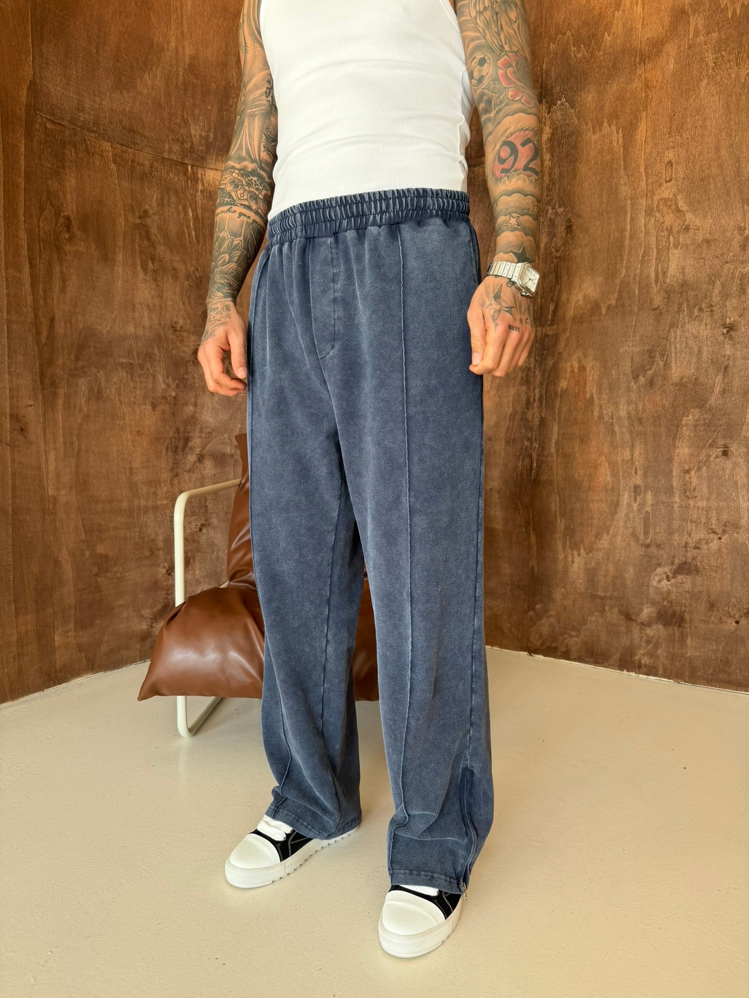 Premium Paça Fermuarlı Yıkamalı Baggy Eşofman - İndigo