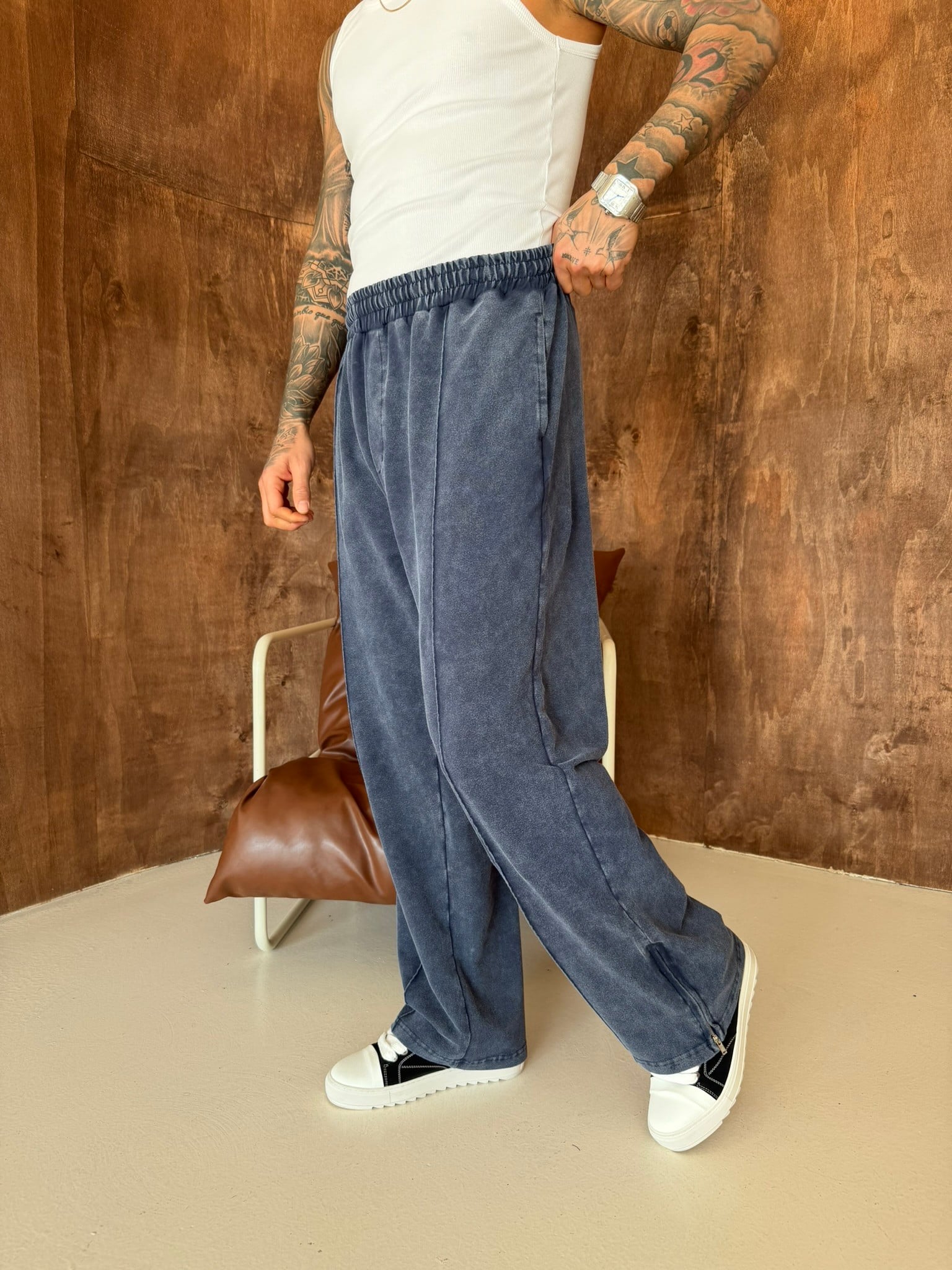 Premium Paça Fermuarlı Yıkamalı Baggy Eşofman - İndigo