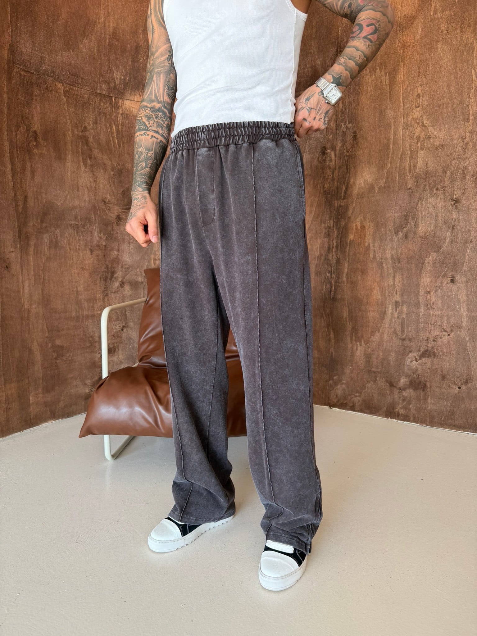 Premium Paça Fermuarlı Yıkamalı Baggy Eşofman - Kahve