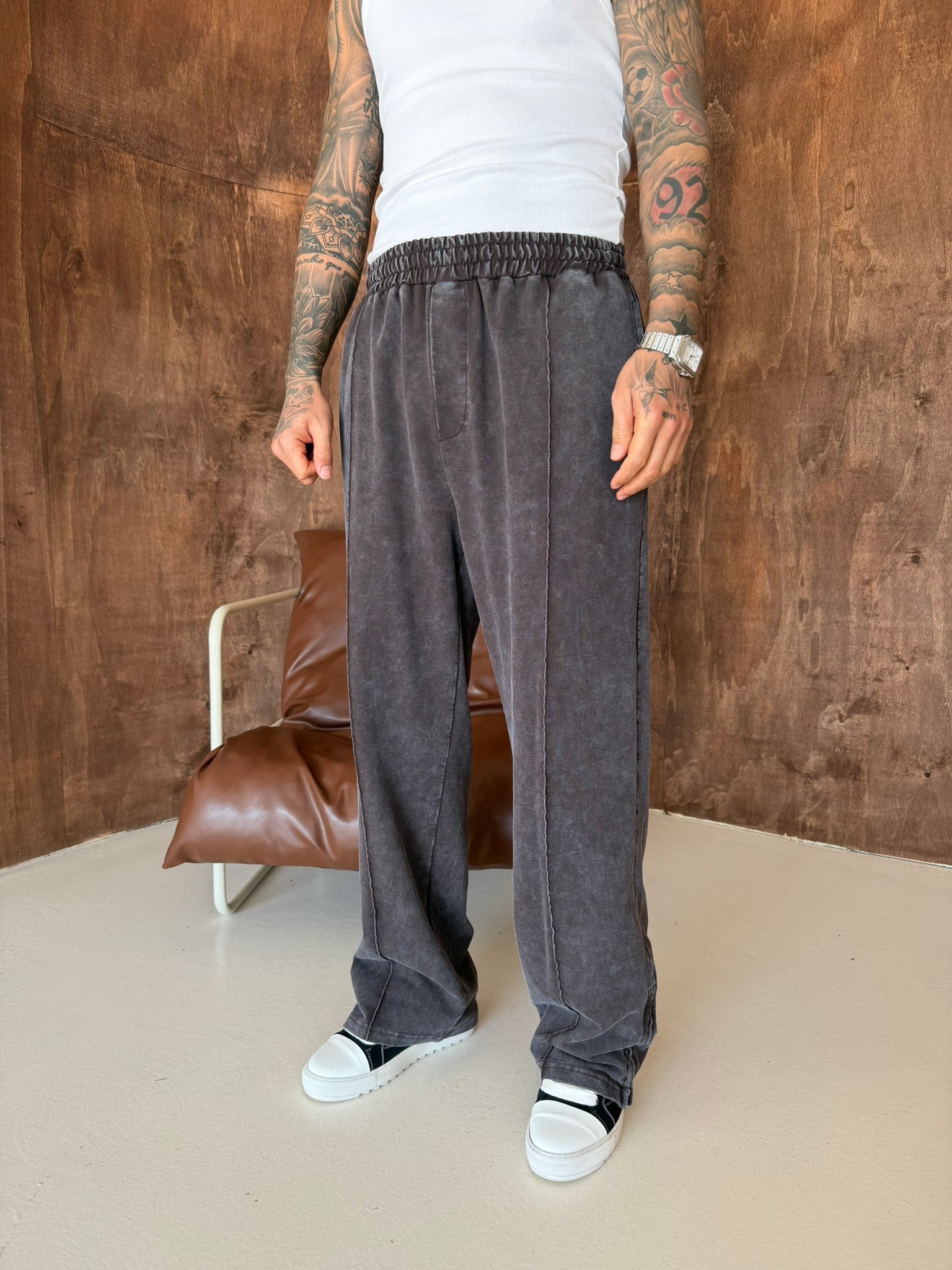 Premium Paça Fermuarlı Yıkamalı Baggy Eşofman - Kahve