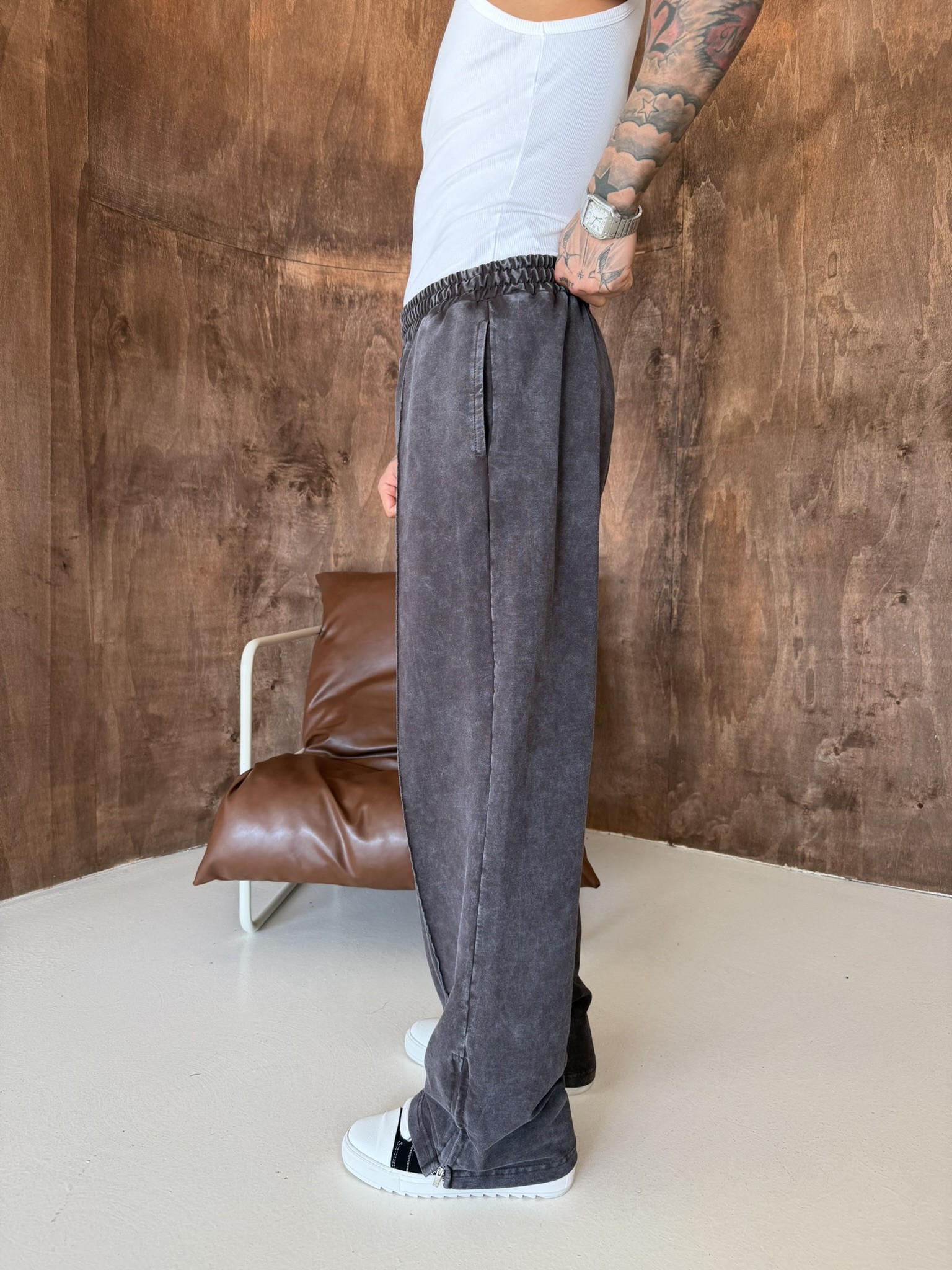 Premium Paça Fermuarlı Yıkamalı Baggy Eşofman - Kahve