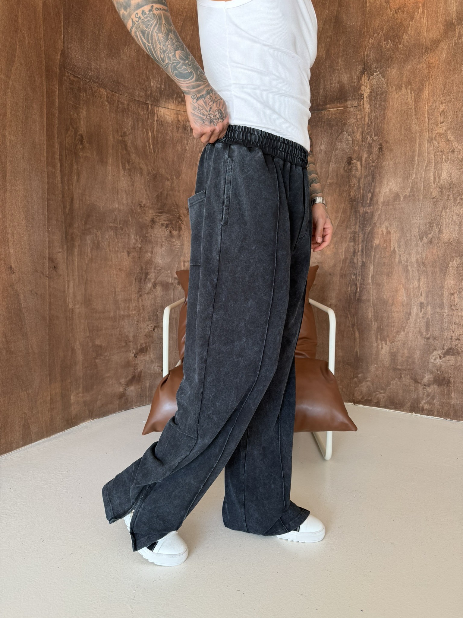 Premium Paça Fermuarlı Yıkamalı Baggy Eşofman - Siyah