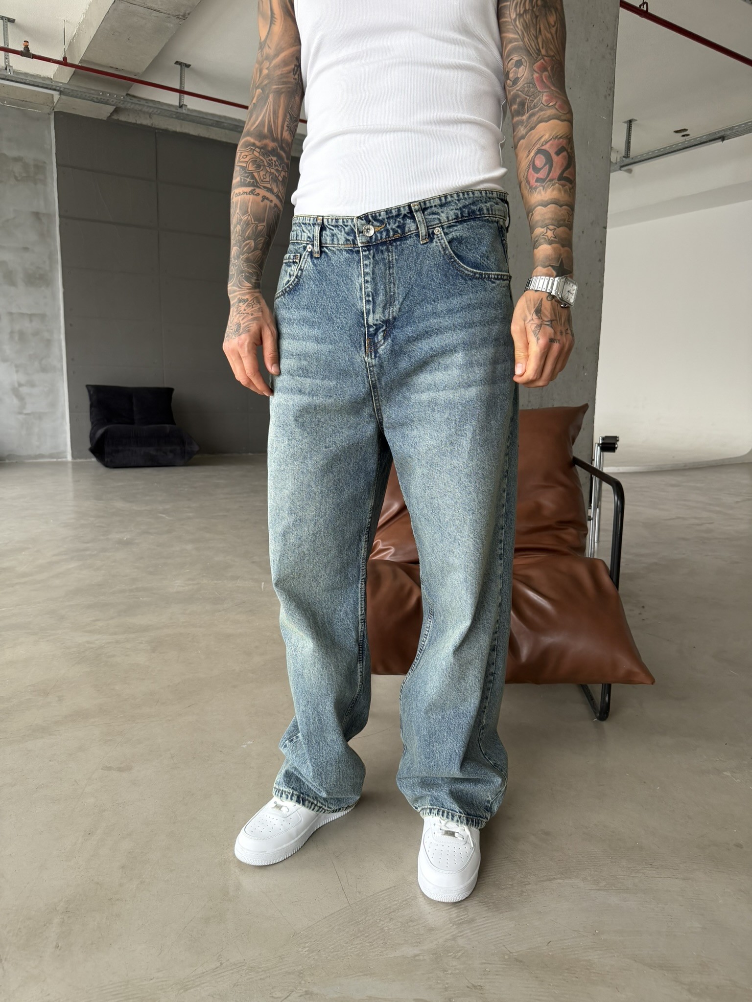 Relax Yıkamalı Eskitme Baggy Pantolon - İndigo