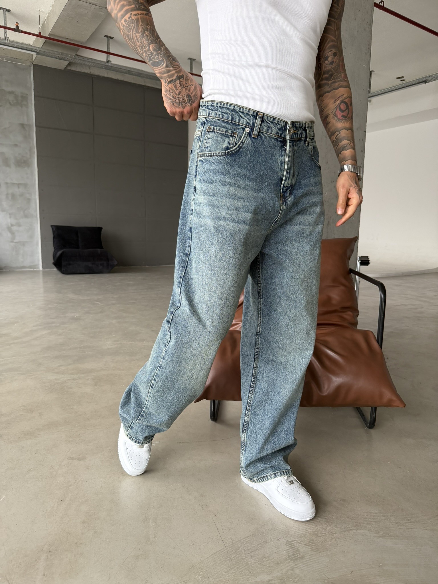 Relax Yıkamalı Eskitme Baggy Pantolon - İndigo