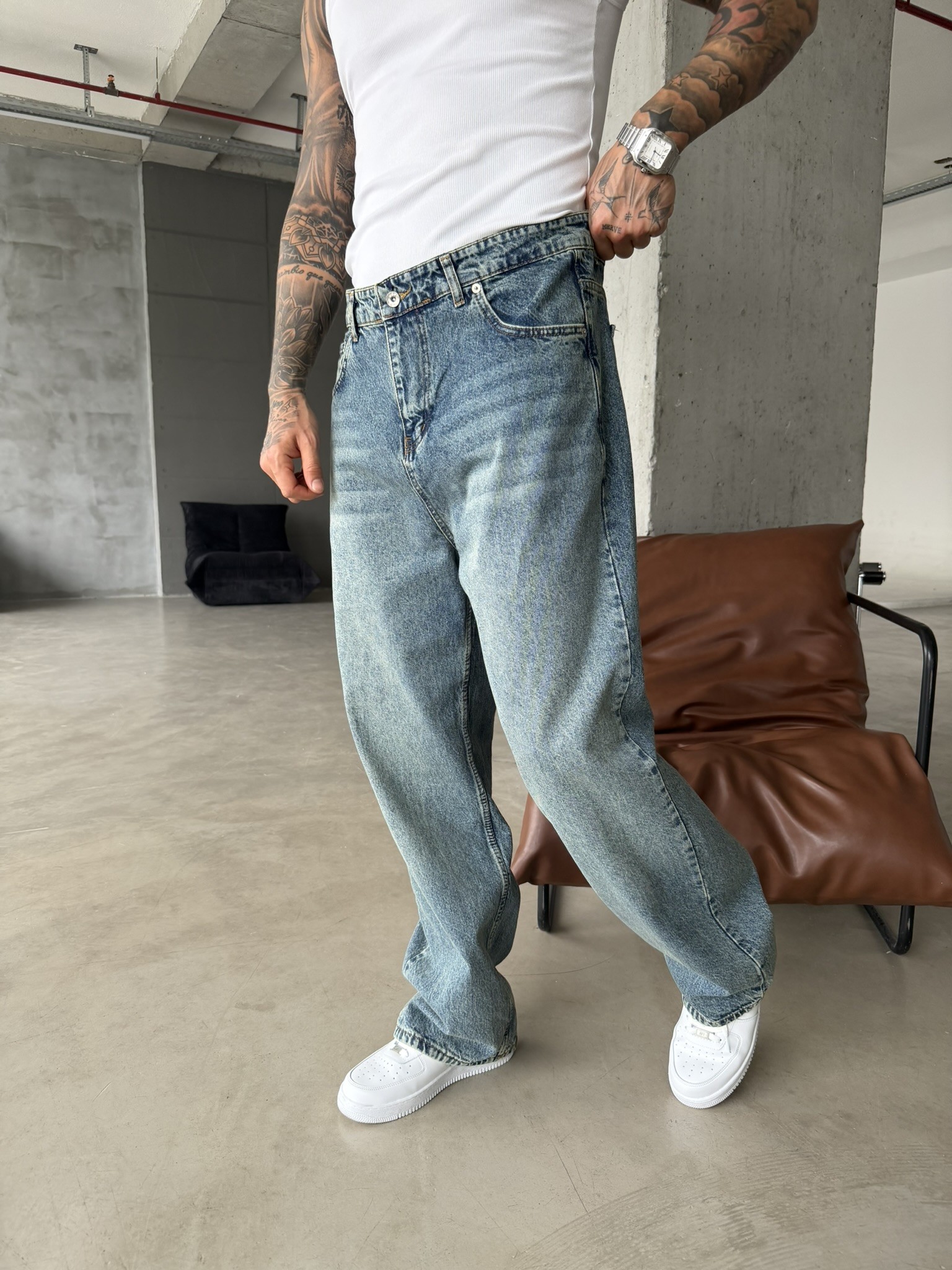Relax Yıkamalı Eskitme Baggy Pantolon - İndigo