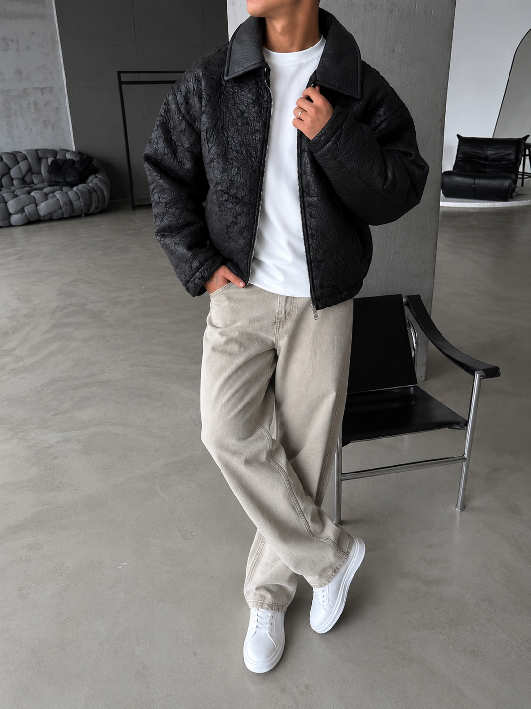 Vintage Wash Deri Yaka Bomber Ceket