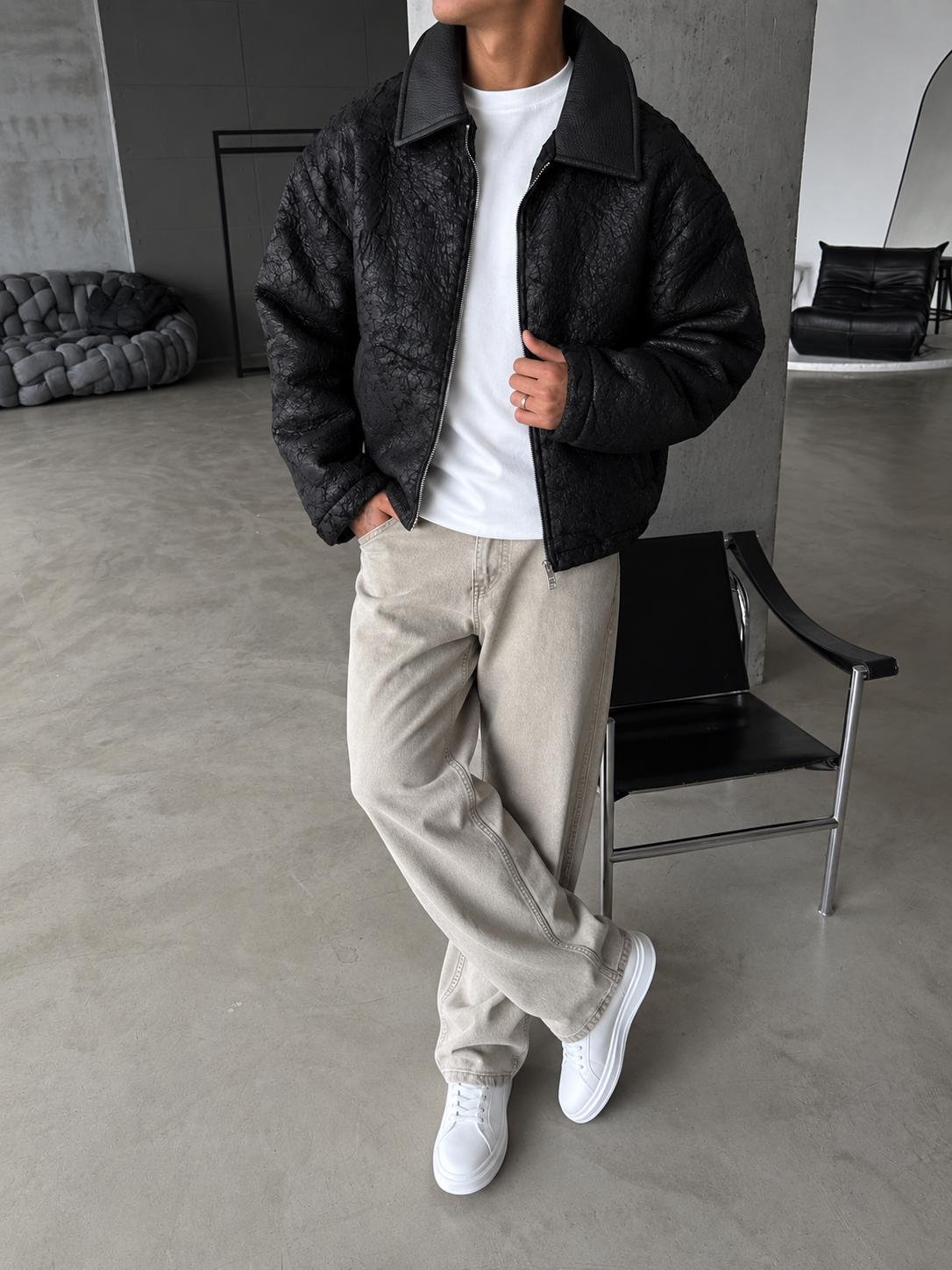 Vintage Wash Deri Yaka Bomber Ceket